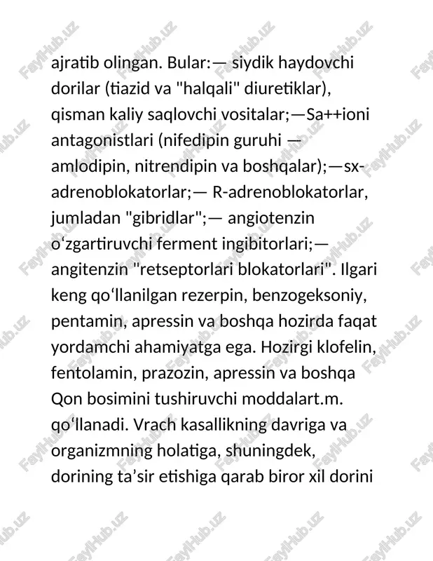 uyrak etishmovchiligi va miyokard infarkti kabi yuqori qon bosimining asoratlarini oldini olishga intiladi . dalillar shuni ko'rsatadiki, qon bosimining 5 mmhg ga pasayishi insult xavfini 34% ga va ishemik yurak kasalligi xavfini 21% ga kamaytirishi va demans , yurak etishmovchiligi va yurak-qon tomir kasalliklaridan o'lim ehtimolini kamaytirishi mumkin . [2] qon bosimini turli usullar bilan pasaytiradigan antihipertenziv dorilarning ko'p sinflari mavjud. eng muhim va eng ko'p qo'llaniladigan dorilar orasida tiazid diuretiklari , kaltsiy kanallari blokerlari , ace inhibitörleri , angiotensin ii retseptorlari antagonistlari (arb) va beta blokerlar mavjud . gipertenziya uchun dastlab qaysi turdagi dori-darmonlarni qo'llash bir nechta yirik tadqiqotlar va natijada milliy ko'rsatmalar mavzusi bo'lgan. davolashning asosiy maqsadi yurak xuruji, insult va yurak etishmovchiligi kabi gipertenziyaning muhim so'nggi nuqtalarining oldini olish bo'lishi kerak. bemorning yoshi, tegishli klinik sharoitlar va so'nggi a'zolarning shikastlanishi, shuningdek, dozani va qo'llaniladigan dori turini aniqlashda muhim rol o'ynaydi. [3] antihipertenziv dorilarning bir necha sinflari yon …