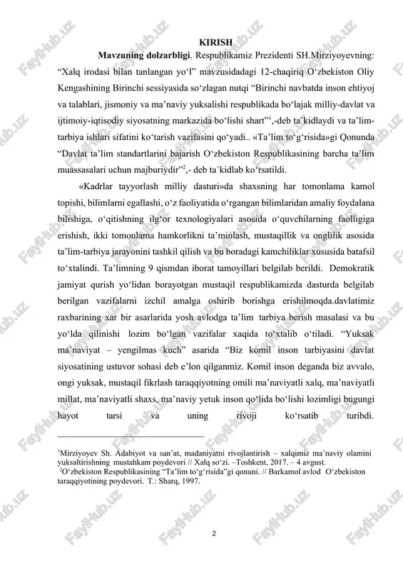 biz avvalo, ongi yuksak, mustaqil fikrlash taraqqiyotning omili ma’naviyatli xalq, ma’naviyatli millat, ma’naviyatli shaxs, ma’naviy yetuk inson qo‘lida bo‘lishi lozimligi bugungi hayot tarsi va uning rivoji ko‘rsatib turibdi. 1mirziyoyev sh. adabiyot va san’at, madaniyatni rivojlantirish – xalqimiz ma’naviy olamini yuksaltirishning mustahkam poydevori // xalq so‘zi. –toshkent, 2017. – 4 avgust. 2o‘zbekiston respublikasining “ta’lim to‘g‘risida”gi qonuni. // barkamol avlod o‘zbekiston taraqqiyotining poydevori. t.: sharq, 1997. mavzuning o‘rganilganlik darajasi. sinfda o‘qish darslarining ta’lim- tarbiyaviy funksiyasini bir jarayonga birlashtirishning sharti badiiy asar yoki ilmiy-ommabop maqolani idrok etish va tahlil qilish davomida o‘quvchilarni asarning ijtimoiy mohiyatini baholay olishga o‘rgatish yuzasidan o‘qituvchining ko‘rsatma berishi hisoblanadi. o‘qituvchi uchun eng muhimi shundan iboratki, bola o‘zi o‘qigan masalining chin mohiyatiga yetib borsin, ya’ni yaxshilik yomonlik usitidan g‘alab qozonishini anglasin va unda shakllanadigan his-tuyg‘u hayotida zarur va ahamiyatli ekanini tushunib yetsin. bu o‘rinda o‘qish darslari alohida o‘rin tutadi. kurs ishi natijalarining aprabatsiyalari. kurs ish natijalari maktab xamda chirchiq davlat …