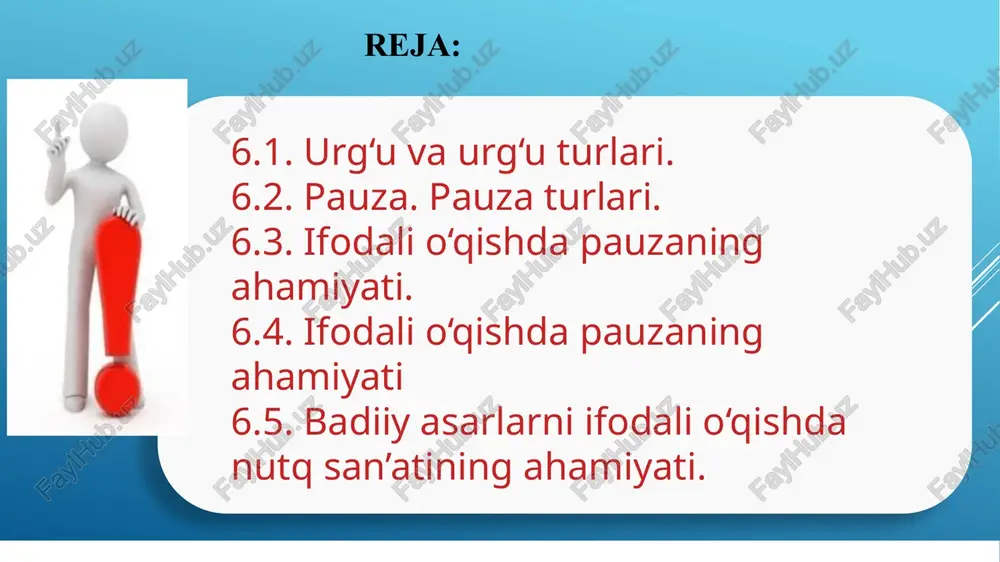 , quvonch, g'azab, ishonch va boshqalar). ta'lim jarayonida urg'uning to'g'ri qo'llanilishi o'qituvchining mavzuni samarali tushuntirishida katta ahamiyatga ega. 6.1. urg‘u va urg‘u turlari. 5 urg'uning qo'llanilishi bo'yicha amaliy maslahatlar o'qituvchilar va talabalar uchun urg'uni to'g'ri qo'llash bo'yicha amaliy tavsiyalar: ma'ruzalar va taqdimotlarda muhim tushunchalarni urg'u bilan ajratib ko'rsating urg'u qo'yiladigan so'zlar oldidan qisqa pauza qilish samarali usul hisoblanadi ovoz balandligini o'zgartirish orqali urg'uni hosil qiling urg'u bilan birga imo-ishoralardan foydalanish nutq ta'sirchanligini yanada oshiradi yozma ishlar va taqdimotlarda muhim so'zlarni boshqa rang yoki shrift bilan ajratib ko'rsating urg'uning noto'g'ri qo'llanilishi nutq mazmunini buzishi, tinglovchini chalg'itishi yoki ma'lumotni noto'g'ri tushunishga olib kelishi mumkin! 6.1. urg‘u va urg‘u turlari. 6 ritm nima? ritm - nutq jarayonida urg'uli va urg'usiz qismlarning ma'lum tartibda takrorlanib kelishi, nutqning o'ziga xos "musiqiylik" xususiyati hisoblanadi. ritm nutq jarayoniga: muayyan tartib va tuzilish beradi nutqni tinglovchiga qulay qilib yetkazadi ma'noni to'g'ri tushunishga yordam beradi eslab qolish jarayonini osonlashtiradi …