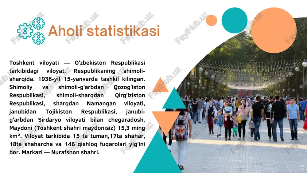 ilishi rejalashtirilgan. bandlik dasturlari orqali aholi farovonligini oshirish maqsadga muvofiqdir. doimiy band aholi 1,5 million kishi (49%)ni tashkil etadi. 2023-yilda ishsizlik darajasi 5,5% dan 5,3% ga pasaydi. har yili 40 ming yangi ish o‘rni yaratilishi rejalashtirilgan. bandlik dasturlari orqali aholi farovonligini oshirish maqsadga muvofiqdir. qishloq xo‘jaligi: 30% xizmatlar: 20% sanoat: 25% ishsizlik darajasi 5,3% (160,000 kishi)ni tashkil etadi iqtisodiy taqsimot 1 3 2 4 2taʼlim toshkent viloyatida 350 mingdan ortiq maktab o‘quvchisi va 7,000 ta maktab mavjud. 2024-yil uchun 10 mingdan ortiq yangi talabalar qabul qilindi. 1ijtimoiy holat aholining 15% i ijtimoiy yordamga muhtoj. o‘rtacha daromad 2023-yilda 3,5 million so‘mga teng. aholining 25% i ijtimoiy himoya dasturlaridan foydalanadi. 3 sogʻliqni saqlash 2023-yilda 100 dan ortiq yangi poliklinikalar va shifoxonalar ochilgan. 1,000 kishiga 1,2 shifoxona o‘rni to‘g‘ri keladi. qishloq joylarda malakali shifokorlar yetishmaydi, shuning uchun sog‘liqni saqlash tizimida 20% muammolar mavjud. ijtimoiy holat, taʼlim va sogʻliqni saqlash eʼtiboringiz uchun raxmat