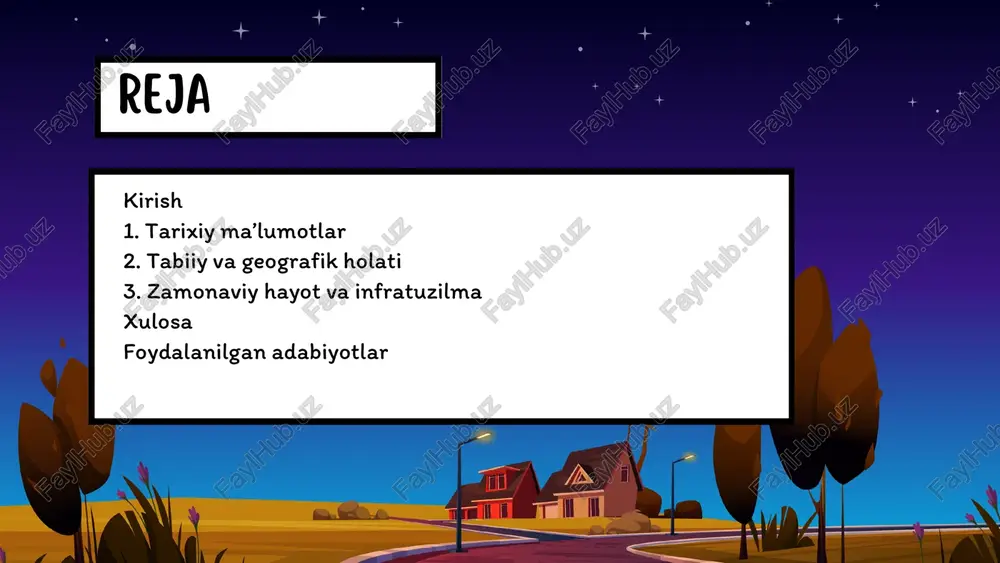 a xizmat qilmoqda. shahar zamonaviy qurilishlar, savdo markazlari va yoshlar uchun yaratilgan imkoniyatlar bilan rivojlanib bormoqda xulosa shahar — bu faqatgina bino va ko‘chalardan iborat joy emas, balki unda yashovchi insonlarning hayoti, orzulari va mehnati bilan boyigan muhitdir. mening shahrim o‘zining tarixi, tabiati va zamonaviy qiyofasi bilan faxrlanishga arzigulik. uni asrab-avaylash, yanada obod qilish har birimizning burchimizdir. yosh avlod uchun yaratilayotgan imkoniyatlar shahar kelajagining yorqin bo‘lishiga zamin yaratadi. “mening shahrim — mening faxrim” degan g‘oya bilan taqdimotni yakunlayman. foydalanilgan adabiyotlar 1. o‘zbekiston geografiyasi – maktab va kollejlar uchun darslik, o‘zbekiston respublikasi xalq ta’limi vazirligi nashri 2. o‘zbekiston tarixi – akademik nashr, o‘zbekiston milliy ensiklopediyasi 3. mening istiqboldagi shahrim – www.savol-javob.com saytidagi maqola 4. istiqboldagi mening shahrim mavzusida slayd – studyx platformasidagi taqdimot matni va rasmlari 5. taqdimotlar to‘plami – mbaza.uz saytidagi turli fanlar bo‘yicha slaydlar va taqdimotlar etiboringiz uchun rahmat