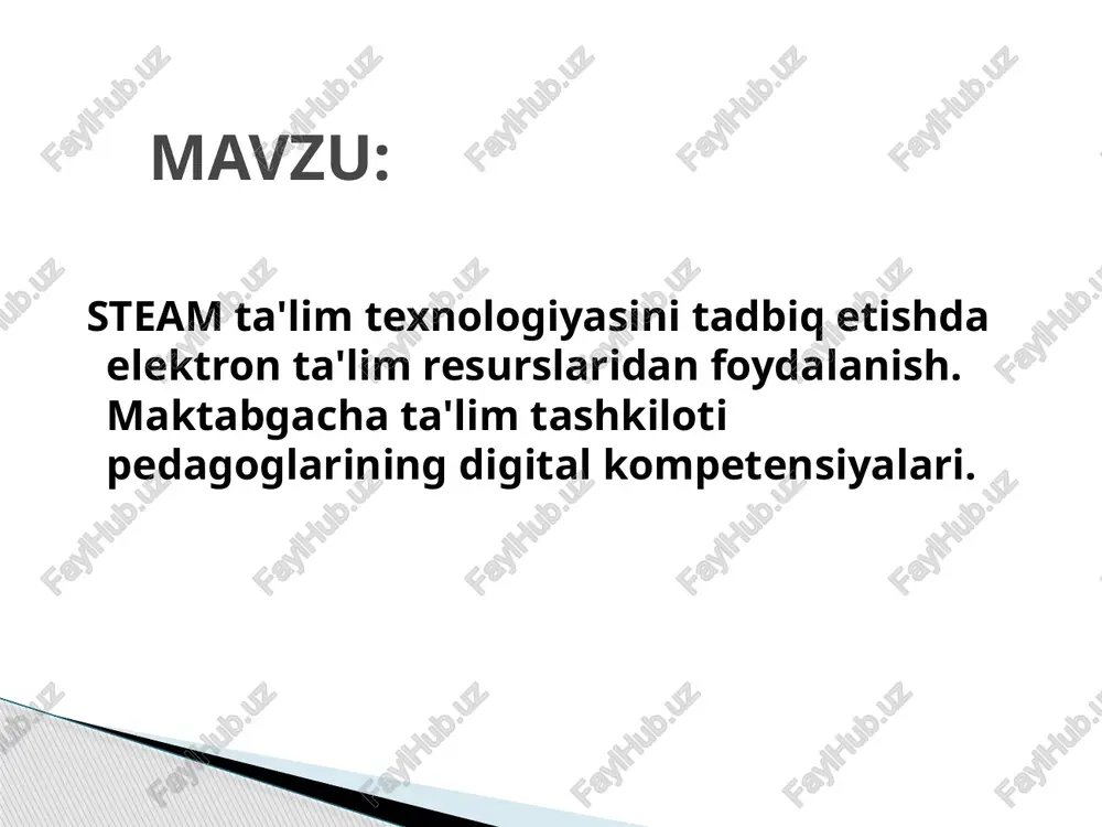 yaning samaradorligi multimedia vositalari — matn, tovush, video, grafika, animatsiya va interaktiv elementlarning uyg‘unligi. animatsiyalar: murakkab jarayonlarni soddalashtirib tushuntiradi; diqqatni jalb etadi va motivatsiyani oshiradi; o‘quvchilarning ijodiy tafakkurini rivojlantiradi. natijada o‘quvchi axborotni tezroq o‘zlashtiradi va amaliy faoliyatda qo‘llay oladi. steam yondashuvi ta’limni innovatsion, qiziqarli va samarali qiladi. elektron resurslar va multimedia vositalaridan maqsadli va tizimli foydalanish kerak. o‘qituvchilarga tavsiyalar: 1. har bir mavzuga mos interaktiv platformalarni tanlash; 2. o‘quvchilarning yoshiga mos animatsion resurslardan foydalanish; 3. o‘quv jarayonini loyihaviy faoliyat bilan boyitish. maktabgacha ta’lim pedagoglarining digital kompetensiyalari va raqamli savodxonligi pedagoglarning raqamli texnologiyalarni qo‘llash ko‘nikmalarini yoritish raqamli savodxonlikning ta’limdagi ahamiyatini tushuntirish internet va raqamli muhitda xavfsiz ishlash madaniyatini shakllantirish digital kompetensiya — bu pedagogning raqamli texnologiyalar yordamida ta’lim jarayonini samarali tashkil eta olish qobiliyatidir. asosiy tarkibiy qismlar: 1. texnik ko‘nikmalar — kompyuter, planshet, interaktiv doskadan foydalanish 2. axborot bilan ishlash — internetda kerakli ma’lumotni topish va tahlil qilish 3. kommunikativ ko‘nikmalar …
