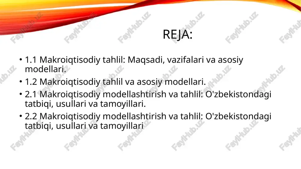 ‘sish ko‘rsatdi, inflyatsiya esa bosqichma-bosqich 14% dan 8% gacha pasaydi. • normativ tarkibiy qism esa “qanday bo‘lishi kerak?” degan savolga javob beradi va iqtisodiy siyosatni takomillashtirish yo‘llarini belgilaydi. shu orqali davlat fiskal, monetar va investitsiya siyosatlari orqali iqtisodiy barqarorlikni ta’minlashga harakat qiladi. bu ikki yondashuv uyg‘unlashgan holda har qanday mamlakatning iqtisodiy ahvolini tahlil qilish imkonini beradi. masalan, o‘zbekiston respublikasi 2022–2026-yillarga mo‘ljallangan taraqqiyot strategiyasi doirasida iqtisodiy o‘sishni rag‘batlantirish, xususiy sektor ulushini oshirish, kambag‘allikni qisqartirish va soliq-budjet siyosatini liberallashtirish bo‘yicha chora-tadbirlar amalga oshirilmoqda. makroiqtisodiy tahlilning asosiy yo‘nalishlari quyidagilarni o‘z ichiga oladi: • iqtisodiy holatni doimiy monitoring qilish, • iqtisodiyotda amal qiluvchi sabab–oqibat mexanizmlarini aniqlash, • moliyaviy oqimlar va sektoral bog‘liqliklarni tahlil qilish, • iqtisodiy siyosat va yangi strategik yo‘nalishlarni ishlab chiqish, • tashqi savdo balansi, inflyatsiya, bandlik va pul-kredit siyosati bo‘yicha kompleks baho berish. “makroiqtisodiy tahlil” fanining o‘qitilishidan maqsad – talabalarga bozor iqtisodiyoti sharoitida milliy iqtisodiyotni tahlil qilish uchun zarur nazariy va …