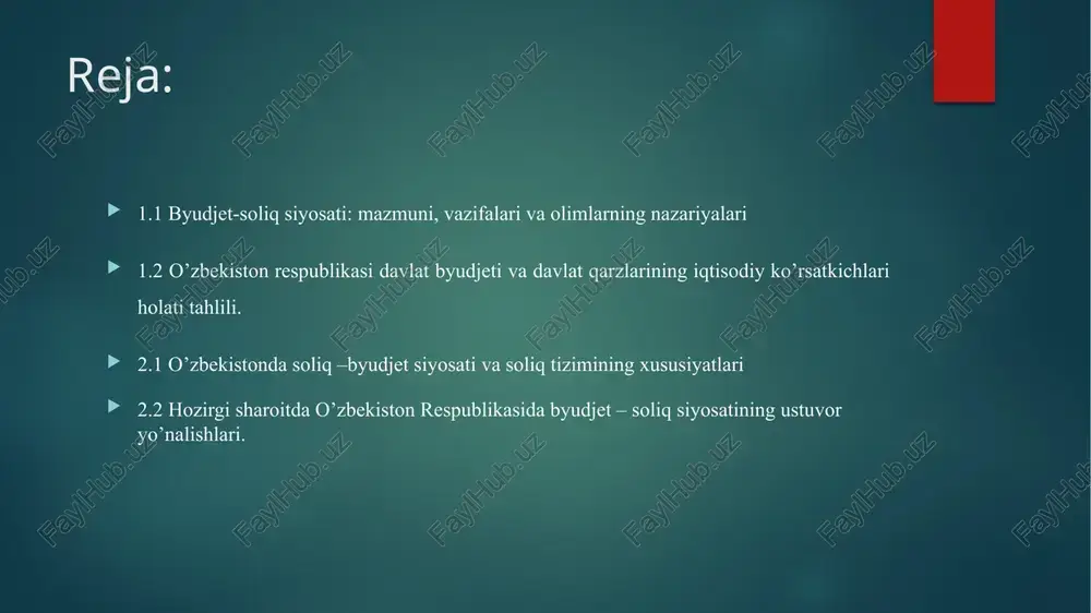 oshiriladi. byudjet so‘zi tarixan “g‘azna” ma’nosini bildiradi va u davlat hamda mahalliy o‘zini o‘zi boshqarish organlarining faoliyatini moliyalashtirish uchun mo‘ljallangan markazlashgan pul jamg‘armasidir. g‘azna mohiyatan davlat siyosatini amalga oshirish bilan bog‘liq xarajatlarni moliyaviy jihatdan ta’minlaydigan markazlashgan fond sifatida qaraladi. davlat byudjeti moliya tizimining asosiy bo‘g‘ini hisoblanadi. u davlatning pul mablag‘lari jamg‘armasi bo‘lib, unda daromad manbalari, tushum miqdori hamda moliya yili davomida turli sohalarga yo‘naltiriladigan mablag‘lar miqdori belgilab qo‘yiladi. davlat byudjeti — jamiyatning umumiy pul mablag‘lari fondlari tizimida markaziy o‘rinni egallaydi. u ishlab chiqarish maqsadlari, ijtimoiy vazifalar hamda iqtisodiy siyosatning asosiy yo‘nalishlarini belgilashda muhim ahamiyatga ega. shuning uchun byudjetning mohiyati bozor iqtisodiyoti qonunlariga va davlatning iqtisodiy siyosatiga chambarchas bog‘liqdir. 🔹 byudjet siyosati esa — davlat byudjeti orqali moliyaviy resurslarni to‘plash, taqsimlash va ularni ijtimoiy hamda iqtisodiy maqsadlarga yo‘naltirish faoliyatidir. bu siyosat yordamida davlat iqtisodiyotning ustuvor tarmoqlarini qo‘llab-quvvatlaydi, infratuzilma, ta’lim, sog‘liqni saqlash kabi sohalarga mablag‘ ajratadi. davlat o‘z funksiyalarini bajarish jarayonida bir …