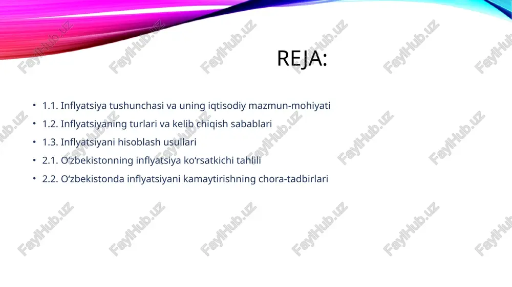i, so‘nggi besh yil ichida (2020–2024-yillar) o‘zbekiston iqtisodiyotida inflyatsiya darajasi pul massasining o‘sishi, fiskal bosim, energiya resurslari narxlarining o‘zgarishi hamda tashqi bozorlardagi tebranishlarga bevosita bog‘liq bo‘lgan. shu jihatdan, pul-kredit siyosatini muvozanatli yuritish, valyuta kursining barqarorligini ta’minlash va pul massasini nazorat qilish — inflyatsiyani jilovlashning eng muhim omillari hisoblanadi. 1.2. inflyatsiyaning turlari va kelib chiqish sabablari xalqaro amaliyotda iqtisodchi olimlar inflyatsiyaning yuzaga chiqishiga sabab bo‘luvchi omillarni asosan ichki va tashqi omillarga ajratadilar. quyida ushbu omillarning iqtisodiy mazmuni va hozirgi davrdagi ahamiyatini ko‘rib chiqamiz. 1. ichki omillar ichki omillar o‘z tabiatiga ko‘ra monetar (pullik) va nometonar (pulsiz) omillarga bo‘linadi. monetar omillar quyidagilarni o‘z ichiga oladi: • davlat moliyasidagi muvozanatsizlik, byudjet taqchilligining mavjudligi; • davlat qarzdorligining ortishi va uni qoplash uchun qo‘shimcha pul emissiyasi; • markaziy bankning kredit ekspansiyasi, ya’ni kredit hajmining haddan tashqari ko‘payishi; • pul aylanish tezligining oshishi va ortiqcha likvidlik. masalan, 2020–2023-yillarda pandemiya davrida ko‘plab mamlakatlar, jumladan, o‘zbekiston ham iqtisodiy …
