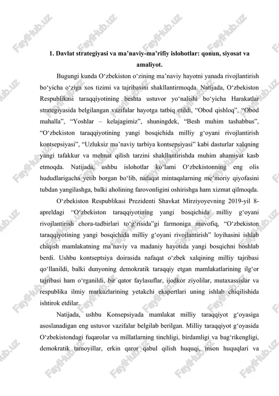 a, ushbu konsepsiyada mamlakat milliy taraqqiyot g‘oyasiga asoslanadigan eng ustuvor vazifalar belgilab berilgan. milliy taraqqiyot g‘oyasida o‘zbekistondagi fuqarolar va millatlarning tinchligi, birdamligi va bag‘rikengligi, demokratik tamoyillar, erkin qaror qabul qilish huquqi, inson huquqlari va erkinliklari, qonun ustuvorligi va adolat, moddiy hamda ma’naviy hayotni rivojlantirish g‘oyalari ifoda etilgan. shu nuqtai nazardan, o‘zbekiston taraqqiyotining hozirgi bosqichida milliy tiklanishdan milliy yuksalish sari harakat qilish asosiy maqsad qilib belgilangan. o‘zbekiston respublikasi prezidenti shavkat mirziyoyev bu borada quyidagicha ta’kidlagan: “eng muhim masala – bu xalqimizning, ayniqsa, yosh avlodning ma’naviy-axloqiy dunyosini rivojlantirishdir. shu sababli biz uchun eng muhim vazifa – yoshlarni “milliy tiklanishdan – milliy yuksalish sari” g‘oyasi asosida, vatanparvarlik va vatanga sadoqat ruhida tarbiyalashdir.” “milliy tiklanishdan – milliy yuksalish sari” konsepsiyasining asosiy g‘oyalari “yagona vatan tuyg‘usi”, “qonun ustuvorligida adolat”, “xalq roziligi”, “jaholatga qarshi ma’rifat”, “innovatsion rivojlanish” kabi tamoyillarni o‘z ichiga oladi. ularning asosiy maqsadi davlat va jamiyat hayotining barcha sohalarini yanada yuksaltirish, o‘zbek xalqida ijodkorlik …