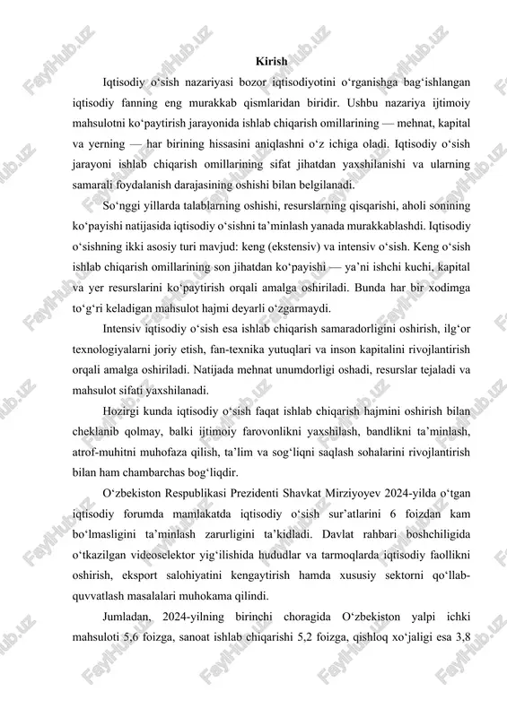 ur’atlarini 6 foizdan kam bo‘lmasligini ta’minlash zarurligini ta’kidladi. davlat rahbari boshchiligida o‘tkazilgan videoselektor yig‘ilishida hududlar va tarmoqlarda iqtisodiy faollikni oshirish, eksport salohiyatini kengaytirish hamda xususiy sektorni qo‘llab-quvvatlash masalalari muhokama qilindi. jumladan, 2024-yilning birinchi choragida o‘zbekiston yalpi ichki mahsuloti 5,6 foizga, sanoat ishlab chiqarishi 5,2 foizga, qishloq xo‘jaligi esa 3,8 foizga o‘sdi. davlat byudjeti daromadlari prognozdan 7,4 foizga yuqori bajarildi, eksport hajmi esa 8,3 milliard aqsh dollarini tashkil etdi. shu bilan birga, joriy yil uchun rejalashtirilgan 5,1 foiz iqtisodiy o‘sish ko‘rsatkichi ayrim hudud va tarmoq salohiyatiga nisbatan pastligi ma’lum qilingan. bu ko‘rsatkichni kamida 6 foizga yetkazish uchun bosh vazir o‘rinbosarlari, vazirliklar, viloyat, tuman va shahar hokimlari, shuningdek, tarmoq rahbarlariga qo‘shimcha zaxiralarni topish va ularni amalda ishga solish vazifasi yuklatilgan. lekin ayrim tarmoq va hudud rahbarlari yaratilgan imkoniyatlardan to‘liq foydalana olmayotgani ta’kidlangan. misol uchun, birinchi chorakda “o‘zavtosanoat”da ishlab chiqarish hajmi 4,0 foizga, “o‘zbekneftgaz”da 2,3 foizga, charm mahsulotlari ishlab chiqarish tarmog‘ida esa 5,6 …