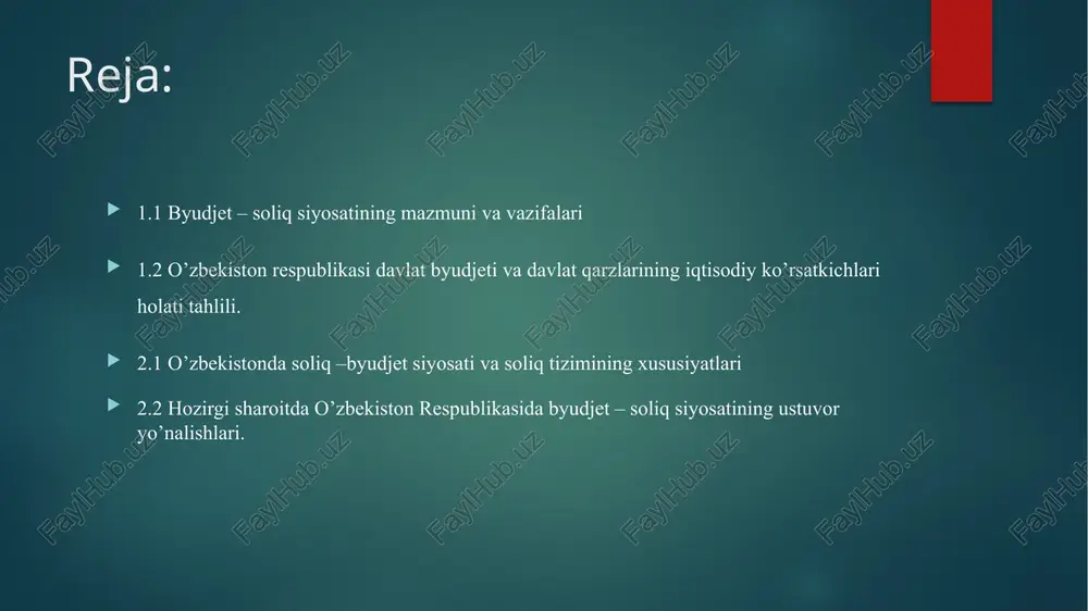y himoyasini mustahkamlash. byudjet–soliq siyosati, aslida, ikki asosiy yo‘nalishni o‘z ichiga oladi: 🔹 soliq siyosati — davlatning soliq to‘lovchilardan undiriladigan soliqlar, yig‘imlar va boshqa majburiy to‘lovlar orqali daromadlarini shakllantirish bo‘yicha olib boradigan faoliyatidir. soliq siyosati orqali davlat o‘zining moliyaviy bazasini yaratadi, iqtisodiy jarayonlarga bevosita ta’sir o‘tkazadi. masalan, soliq stavkalarining kamaytirilishi tadbirkorlikni rag‘batlantiradi, imtiyozlar berish esa ishlab chiqarishni kengaytiradi. 🔹 byudjet siyosati esa — davlat byudjeti orqali moliyaviy resurslarni to‘plash, taqsimlash va ularni ijtimoiy hamda iqtisodiy maqsadlarga yo‘naltirish faoliyatidir. bu siyosat yordamida davlat iqtisodiyotning ustuvor tarmoqlarini qo‘llab-quvvatlaydi, infratuzilma, ta’lim, sog‘liqni saqlash kabi sohalarga mablag‘ ajratadi. o‘zbekiston respublikasida byudjet–soliq siyosatining mazmuni prezident farmonlari, vazirlar mahkamasi qarorlari va soliq kodeksida belgilangan tamoyillarga asoslanadi. soliq siyosatining muhim tamoyillari sifatida soddalik, adolatlilik, barqarorlik va shaffoflik keltiriladi. ayniqsa, so‘nggi yillarda soliq ma’muriyatchiligida raqamli texnologiyalar keng joriy qilinmoqda. “my.soliq.uz” portali, elektron hisob-fakturalar va onlayn nazorat-kassa mashinalarining joriy etilishi soliq to‘lovchilarga qulaylik yaratdi. o‘zbekiston respublikasida byudjet–soliq siyosatining mazmuni …