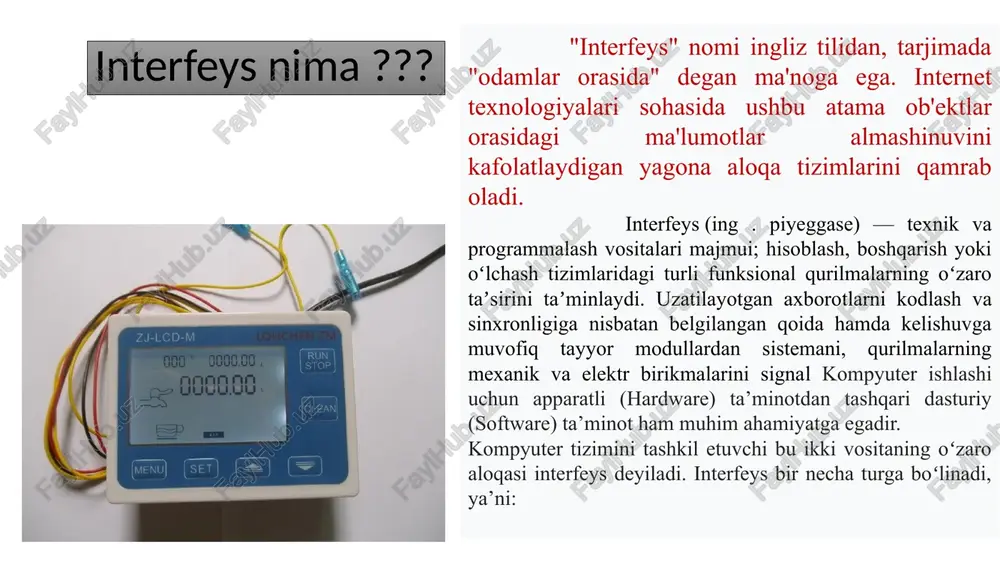 o‘llanilishi: kompyuter va periferik qurilmalar (printerlar, modemlar). diagnostika va testlash tizimlari. afzalliklari: oddiy va keng qo‘llaniladigan standart. kam texnik murakkablik. kamchiliklari: masofa va tezlik cheklangan. ko‘p nuqtali ulanish imkoniyati yo‘q. rs-485 (recommended standard 485) – bu uzoq masofalarda va ko‘p nuqtali tarmoqlarda ishlash uchun moslashgan yuqori samarali standart. asosiy xususiyatlari: ma’lumotlar uzatish usuli: differensial uzatish (signal juft kabellar orqali uzatiladi). bir yo‘nalishli (halfduplex) yoki ikki yo‘nalishli (fullduplex) rejim. signal darajalari: diferensial signal (a va b o‘rtasidagi farq hisobga olinadi). masofa: maksimal uzatish masofasi: 1,200 metr. tarmoqqa ulanish: bir tarmoqda 32 ta uzatuvchi va 32 ta qabul qiluvchi qurilma ulanishi mumkin. tezlik: masofaga bog‘liq: 100 kbit/sekund (1,200 m), 10 mbit/sekund (50 m). qo‘llanilishi: sanoat avtomatizatsiyasi (plc, sensorlar, aktuatorlar). tibbiy uskunalar. uzoq masofali monitoring tizimlari. afzalliklari: uzoq masofalarda yuqori sifatli aloqa. ko‘p nuqtali ulanish imkoniyati. kam signal yo‘qotish. kamchiliklari: rs-232 bilan solishtirganda murakkabroq. maxsus qurilmalar va kabellar talab qilishi mumkin. xususiyat rs-232 …