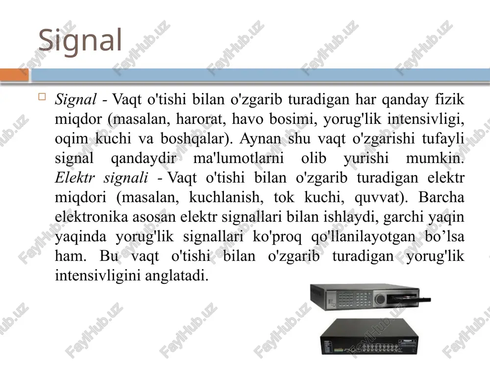iskretlash deb, vaqt bo‘yicha uzluksiz analog signalni malum bir qonuniyat asosida teng vaqt intervaliga ajratishga aytiladi. kvantlash kvantlash deb, diskretlangan analogli signalni malum qonuniyat asosida kvantlash qadami yordamida gorizantal ravishda teng oraliqlarga bo‘lish. rao’ raqamli-analog o’zgartirgichlarning (rao’) vazifasi: raqamli (diskret) signalni analog signalga aylantirish. kirish ma’lumotlari chiqish ma’lumotlari rao’ raqamli-analog oʻzgartirgich (raoʻ) raqamli kattalikni unga proporsioanl boʻlgan elektr tok yoki kuchlanish koʻrinishidagi analog kattalikka oʻzgartirish uchun qoʻllaniladi. operatsion kuchaytirgich (ok) deb, analog signallar ustidan turli amallarni bajarishga moʻljallangan, differensial kuchaytirish prinsipiga asoslangan, kuchlanish boʻyicha katta kuchaytirish koeffitsiyentiga ega boʻlgan (k u =10 4 ÷10 6 ) integral oʻzgarmas tok kuchaytirgichiga aytiladi. analogo-tsifrovie preobrazovateli zvukozapis gistogramma gromkosti i izmenenie spektra zvuka s techeniem vremeni zvukovaya karta primer primeneniya atsp – otsifrovivanie analogovogo audio. dostatochno dorogie audiokarti sposobni vipolnyat etu operatsiyu s visokoy tochnostyu. otsifrovivanie osobenno aktualno dlya vinilovix plastinok i lentochnix plyonok, t.k. otsifrovannoe audio ne portitsya s techeniem vremeni. tsap …