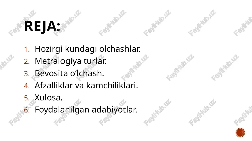 yuridik metrologiya - o'lchovlarni bajarish normalari va qoidalarini ishlab chiqadi va amalga oshiradi, o'lchovlarning bir xilligiga erishishga qaratilgan talablarni, o'lchov vositalarini ishlab chiqish va sinovdan o'tkazish tartibini belgilaydi, metrologiya sohasidagi atamalar va ta'riflarni, fizik kattaliklar birliklarini va qoidalarini belgilaydi. amaliy (amaliy) metrologiya - huquqiy metrologiyaning nazariy va qoidalari ishlanmalarini amaliyotda qo'llash masalalarini qamrab oladi. va uning yordami bilan ishlab chiqarishni metrologik ta'minlash amalga oshiriladi. bevosita o’lchash to'g'ridan-to'g'ri baholash usuli - to'g'ridan-to'g'ri ta'sir qiluvchi o'lchash moslamasining o'qish moslamasidan to'g'ridan-to'g'ri miqdorning qiymati aniqlanadigan o'lchash usuli. to'g'ridan-to'g'ri baholash usulini qo'llashda o'lchangan jismoniy miqdorning qiymati to'g'ridan-to'g'ri harakat qurilmasining o'qish moslamasi tomonidan aniqlanadi. to'g'ridan-to'g'ri baholash usulining mohiyati, har qanday o'lchash usuli kabi, o'lchangan qiymatni birlik sifatida qabul qilingan o'lchov bilan solishtirishdan iborat, ammo bu holda o'lchov o'lchov moslamasiga "ko'milgan" bo'ladi. qurilma butun o'lchangan qiymatga mos keladigan o'lchov ma'lumotlarining kirish signalini o'zgartiradi, shundan so'ng uning qiymati baholanadi. bunday o'lchovlarga misollar: o'lchagich bilan uzunlikni o'lchash, mikrometr bilan …