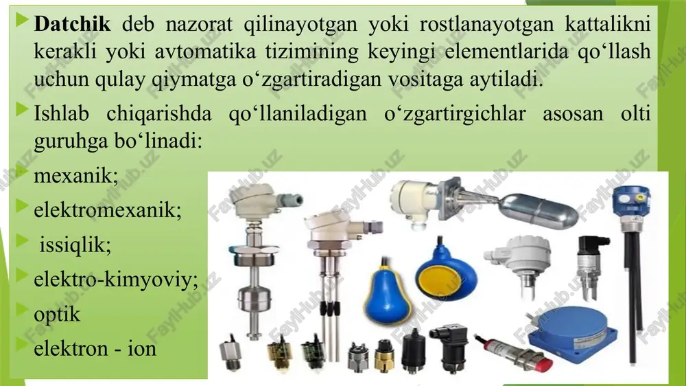 yonlarida qo‘llaniladi. rezistiv datchiklar guruxiga potensiometrik, ko’mir (kontaktli), tenzometrik kabi datchiklar (fotorezistiv, termorezistiv) kiradi. bunday turdagi datchiklarning ish prinsipi nazorat qilinayotgan kattalikning ta‘sirida uning aktiv qarshiligi o‘zgarilishiga asoslangan bo‘ladi. datchikni tasniflashda e’tiborga olish kerak bo‘lgan ba’zi xususiyatlar quyida keltirilgan: aniqlik. atrof-muhit sharoitlari - odatda datchiklar harorat va namlikda o‘lchashlarga ega. o‘lchash diapazoni. kalibrlash - koʻpchilik oʻlchash asboblari uchun talab qilinadi, chunki koʻrsatkichlar vaqt oʻtishi bilan oʻzgaradi. narxi. qaytalanuvchanlik - o‘zgaruvchan ko‘rsatkichlar bir xil muhitda qayta-qayta o‘lchanadi. datchik tasniflari quyidagi toifalarga bo‘lingan: birlamchi kiritilgan parametrlar soni. fizik va kimyoviy ta'sirlardan foydalanish. material va texnologiya. qo‘llash maqsadi. potensiometrik datchiklar potensiometrik datchiklarda nazorat qilinayotgan xarakat sezgir elementga uzatilib uning qarshiligi hisobiga o‘zgaruvchan yoki o‘zgarmas kuchlanishga aylantiriladi. tenzometrik datchiklar tenzometrik datchiklarning ish prinsipi tenzoeffekt xodisasiga asoslangan bo‘ladi, ya‘ni elastik deformatsiya ta‘sirida uning qarshiligi o‘zgaradi. tenzodatchik ma‘lum usulda o‘ralgan va ikkala tomonidan maxsus plenka yopishtirilgan yupqa simdan iborat. tenzodatchik deformatsiyasi nazorat qilinayotgan detalga maxsus yelim …