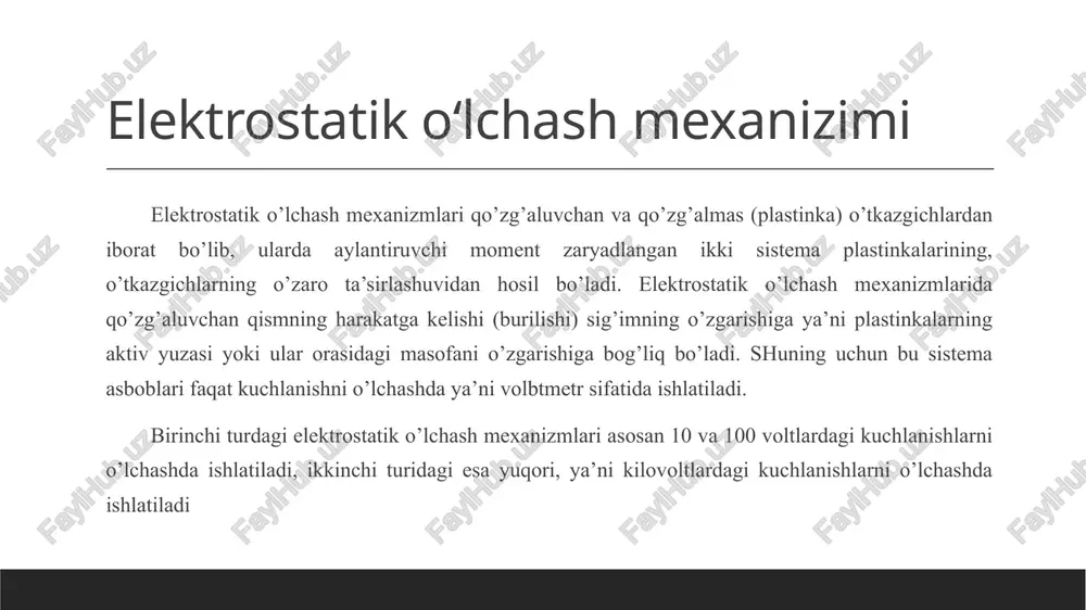 a metall lentasiga osib qo’yilgan qo’zg’aluvchan 2 plastinkadan iboratdir. qo’zg’aluvchan elektrod qo’zg’almas plastinkalarning biriga ulangan bo’lib, boshqasidan izolyatsiyalangan bo’ladi. elektrodlar orasida potentsiallar farqi hosil bo’lishi qo’zg’aluvchan plastinka qo’zg’almas plastinkadan itarilib teskari ishora bilan zaryadlangan plastinkaga tortiladi. plastinka burilishining yo’nalishi kuchlanishning ishorasiga bog’liq emas. qo’zg’aluvchan plastinkaning harakatga kelishi qo’zg’aluvchan o’qni va nihoyat asbob ko’rsatkichining shkala bo’ylab surilishiga olib keladi. bunday mexanizmlarda aks ta’sir etuvchi moment qo’zg’aluvchan plastinkaning og’irligidan hosil bo’ladi. m=1/2∙u^2(dc/da) e’tiboringiz uchun rahmat! image1.jpeg image2.png /docprops/thumbnail.jpeg