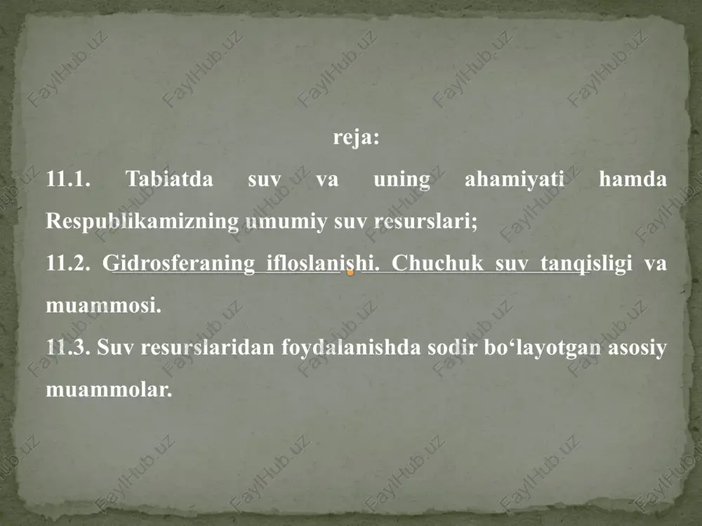 oramizda termik rejimni tartibga solib turadi. okean va dengizdagi suvlar quyoshdan kelayotgan issiqlikni toʹplab, qishda uning atrofini juda ham sovib ketishidan saqlab turadi. atmosferadagi suv esa quyosh radiotsiyasining filtri yaʹni, himoya qatlami hisoblanadi. suv yer yuzasidagi iqlimga ham taʹsir etadi. buni dengiz oqimlari misolida yaxshi bilish mumkin. okean va dengiz oqimlari sayyoramizda quyosh issiqligini qayta taqsimlaydi. oqimlar quyi kengliklaridagi ortiqcha toʹplangan issiqlikni oʹrta va yuqori kengliklarga surib, iqlimni ancha yumshatadi. 4 suv ayniqsa organizmlarning yashashi uchun juda muhim ahamiyatga ega. yer yuzasidagi tirik organizm suvsiz yashashi mumkin emas. chunki har qanday hayvon, oʹsimlik va kishilarning hujayra va toʹqimalarida maʹlum miqdorda suv bor. oʹsimlik va hayvonlar organizmida suvning miqdori 50-98% gacha boʹladi. goʹsht tarkibida suv 50% boʹlsa, sutda 87-89 %, sabzavotlarda esa 80-95% ga etadi. suv ayniqsa kishi organizmi uchun zarur. chunki inson vaznining 72%i suvdan iborat. uch kunlik bola badanining 97% ini suv tashkil etadi. shu sababli inson ovqatsiz bir …