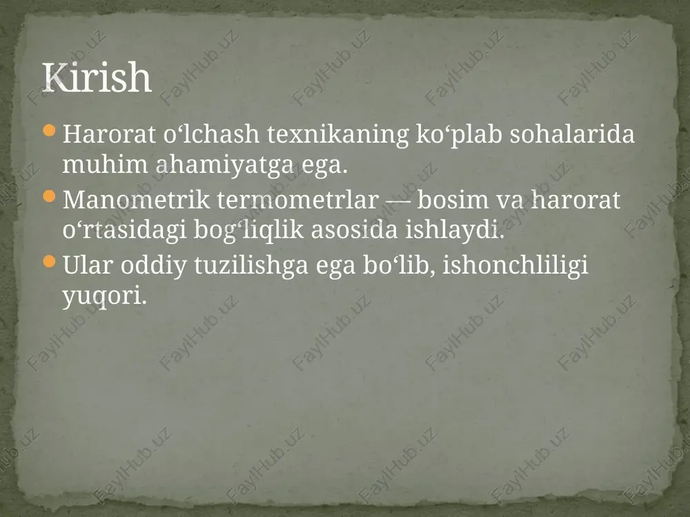 lari qayd etiladi. 3. shkala bosimdan haroratga o‘tkaziladi. shkalalanish usuli - termometrni haddan ortiq qizimasin. - tizimdagi bosim chegaradan oshmasin. - asbobni mexanik zarbalardan himoya qilish lozim. - yaroqlilik muddatini nazorat qilish kerak. xavfsizlik choralari manometrik termometrlarga muqobil qurilmalar: - termojuftliklar - qarshilikli termometrlar - raqamli sensorlar ular tezroq va yuqori aniqlikda ishlaydi. zamonaviy muqobillar /docprops/thumbnail.jpeg