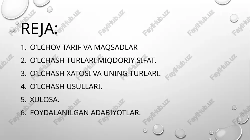 araf etish orqali bartaraf etiladi. o’lchash usullari to’g’ridan-to’g’ri o’lchash asboblar yordamida kattaliklarni to’g’ridan-to’g’ri o’lchash. miqdoriy o’lchash (uzunlik, massa, vaqt) sifat o’lchash (rang, shakl, sifat) bilvosita o’lchash bilvosita usullar orqali fizik kattaliklarni aniqlash. qiyoslash (mukofot, miqdorlar nisbati, o’matish) hisoblab topish (tezlik, kuch, quvvat) yangi usullar texnologik taraqqiyot bilan birgalikda o’lchash usullari ham rivojlanib bormoqda statistik tahlil o’lchash natijalarini statistik usullar yordamida tahlil qilish va baholash. aniqlik o’lchash natijalarining xatolik darajasini aniqlash va baholash. taqqoslash o’lchash natijalarini boshqa ma’lumotlar bilan taqqoslash va to’g’riligini tekshirish. o’lchov jarayonining tamoyili aniqlik aniqlangan qiymatlar to’g’ri va ishonchli bo’lishi kerak. ishonchlilik o’lchash natijalarining barqarorligi va takrorlanuvchanligi muhim. samaradorlik o’lchash jarayoni tejamkor, tezkor va iqtisodiy jihatdan samarali bo’lishi kerak. xulosa o'lchov - ilm-fan, texnika va hayotiy faoliyatning barcha sohalarida qo'llaniladigan muhim jarayondir. u fizik kattaliklarning miqdoriy qiymatlarini aniqlash, qayd etish va tahlil qilish orqali aniqlik, ishonchlilik, samaradorlik va iqtisodiyotni ta'minlashga xizmat qiladi. foydalanilgan 1. hurmatov, b.e. (2019). o’lchov …