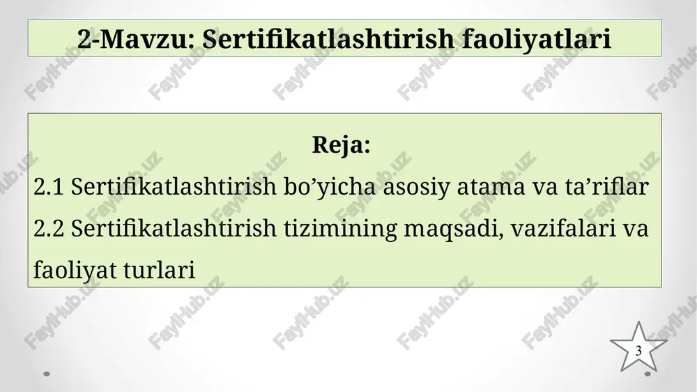 testatlash muvofiqlikni sertifikatlashtirish muvofiqlik bayonoti - yetkazib beruvchining mahsulot, jarayon va xizmatlarning aniq bir standartga yoki boshqa me’yoriy hujjatga to’la-to’kis muvofiqligi xaqida butun ma’suliyatni o’ziga olganligini bayon etilishidir. bu atamani so’nggi vaqtlarda "o’z-o’zini sertifikatlashtirish" tushunchasi bilan almashilayotgani ko’rish mumkin. o’z-o’zini sertifikatlashtirish deganda mahsulot ishlab chiqaruvchi tomon butun mas’uliyatni o’z zimmasiga olgan holda mahsulotning talab etilgan darajada sifatliligi haqidagi kafolatni o’z zimmasiga olishi tushuniladi. 12 13 muvofiqlikni attestatlash uchinchi tomon tarafidan "sinov laboratoriyasining bayonoti" tushunilib, ma’lum namuna mahsulotga bo’lgan talablarni belgilovchi ma’lum standartlar yoki boshqa hujjatlar bilan muvofiq ekanligini bayon etishi sertifikatlashtirish jarayoni, shunday uslubki, unda vositachi hisoblanmish – uchinchi tomon yozma ravishda guvohlik bildirib, mahsulot, jarayon yoki xizmatni qo’yilgan talablar darajasiga mosligini e’tirof qiladi. sertifikatlashtirish deganda talab etilgan ishonchlilik bilan mahsulotning muayyan standartga yoki texnikaviy hujjatga muvofiqligini tasdiqlaydigan faoliyat tushuniladi. 14 15 sertifikatlashtirish tizimi - muvofiqlikning sertifikatlashtirish faoliyatini o’tkazish uchun ish tartibi qoidalariga va boshqarishiga ega bo’lgan tizimdir sertifikatlashtirish sxemasi …