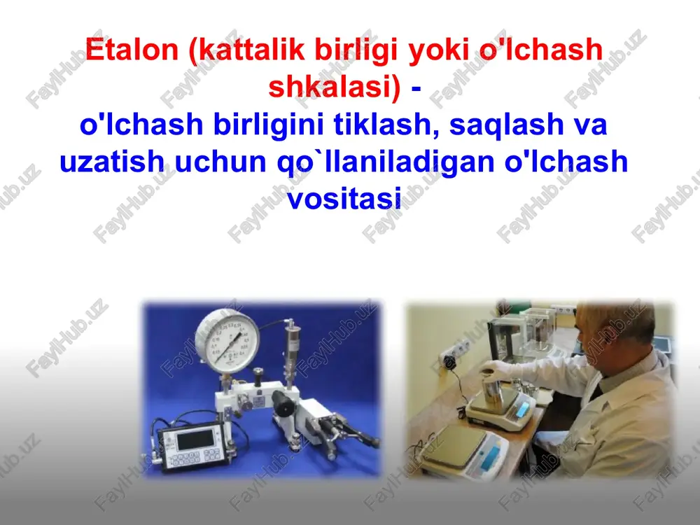 iga 210-7 n kuchi xosil qiladigan o`zgarmas tok kuchidir. etalon qurilma – tokli tarozi termodinamik temperatura birligi - kelvin 1 kelvin – suvning uchlanma nuqtasi termodinamik temperaturasining 1/273,16 ulushiga teng harorat nuqtalarini tiklash qurilmasi modda miqdori birligi - mol 1 mol - massasi 0,12 kg bo`lgan s12 uglerodda qancha atom bo`lsa, o`z tarkibida shuncha struktura elementlaridan tashkil topgan sistemaning modda miqdoridir. na = 6,022 140 857·1023 hozirgi vaqtda etaloni mavjud emas! 1 kandela - 540∙1012 gts chastotasi bilan monoxromatik nurlanish chiqaradigan manbaning berilgan yo'nalishi bo'yicha yorug'lik kuchi, bu yo'nalishda energiya zichligi 1/683 wt/sr yorug'lik kuchi birligi - kandela yorug'lik kuchi birligini tiklash qurilmasi asosiy kattalik o`lchash birligi belgilanishi xalqaro o`zbekcha o`lchamligi si tizimining asosiy birliklari uzunlik metr m m l massa kilogramm kg kg m vaqt sekund s s t elektr toki kuchi amper a a i termodinamik temperatura kelvin k k  modda miqdori mol mol mol n yorug`lik …