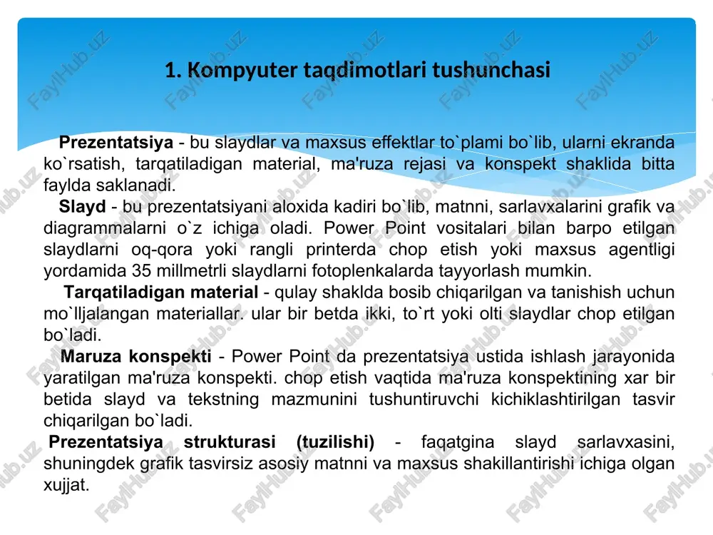 zdes takje rasskazivaetsya o drugix elementax powerpoint 2007, takix kak sochetaniya klavish, panel bistrogo dostupa i dr. microsoft power point dasturi menyulari microsoft power point dasturi windows qobig`i ostida yaratilgan bo`lib, ushbu dastur prezentatsiyalar (taqdimot qilish, ya'ni tanishtirish) bilan ishlash uchun eng qulay bo`lgan dasturiy vositalardan biri xisoblanadi. bu dastur orqali barcha ko`rgazmali qurollarni yaratish va ba'zi joylarda esa ma'lumotlar bazasi sifatida xam qullash mumkin. ayrim xollarda bu dasturlarni multimedia vositalaridan boshqarish va qo`llab, namoyish etuvchi qurilmalarga yuborish vazifalarini xam bajarish mumkin. asosiy vazifalarni bajaruvchi bo`limlar lenta glavnaya va shu kabi qator bo`limlardan iborat ular quyidagilardan iborat: vstavka, dizayn, animatsiya, pokaz slaydov, retsenzirovanie i vid. 5 vkladka «vstavka»: vse, chto mojet ponadobitsya na slayde, — tablitsi, risunki, sxemi, diagrammi, tekstovie polya, zvuki, giperssilki i kolontituli. vkladka «dizayn»: pozvolyaet vibirat obshiy vid slayda, fonoviy risunok, shrifti i tsvetovuyu sxemu. posle etogo mojno nastroit parametri slayda bolee detalno. vkladka «animatsiya»: soderjit vse …