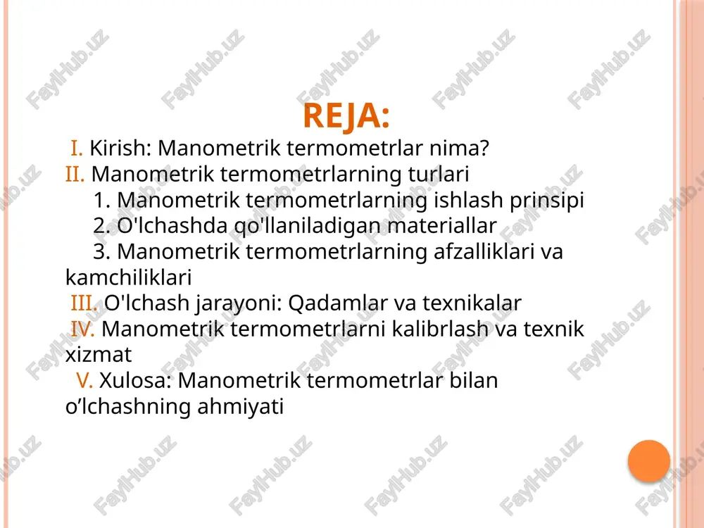 o'rsatadi, bu esa harorat aniqligini ta'minlaydi o'lchashda qo'llaniladigan materiallar materiallar turlari: ular o'lchov asboblarining samaradorligini oshirishda muhim rol o'ynaydi, optimal haroratni ushlab turish uchun mos materiallar tanlanishi kerak. izolyatsiya: izolyatsiya materiallari termometrning mukammal ishlashi uchun zarur, bu harorat o'zgarishidan himoyani ta'minlaydi. qayta ishlash: ma'lum materiallar kattaligi o'zgarishini va uzluksiz foydalanish jarayonida sifatini saqlash uchun qayta ishlashga ajratiladi. manometrik termometrlarning afzalliklari va kamchiliklari aniqlik bu termometrlar juda yuqori aniq ulushni taklif etadi, bu esa haroratni monitoring qilish va boshqarishda juda muhimdir. narx ushbu asboblar narxlari o'lchash texnologiyalariga va material talablariga qarab farq qiladi, iqtisodiy jihatdan samarasiz variantlar bo'lishi mumkin. qo'llanilish joylari ular muhim jarayon va tizimlar uchun zarur sifatni ta'minlay oladi, ammo xususiy joylarning o'ziga xos talablariga munosib ravishda tanlanishi kerak. o'lchash jarayoni: qadamlar va texnikalar o'lchash jarayoni o'lchash jarayoni to'g'ri va aniq bajarilishiga muvofiq amalga oshirilishi lozim, amaliy yaxshilanish imkoniyatlarini ko'rish uchun. texnikalar ushbu jarayonda amaliy texnikalar har qanday muamoqlarni …