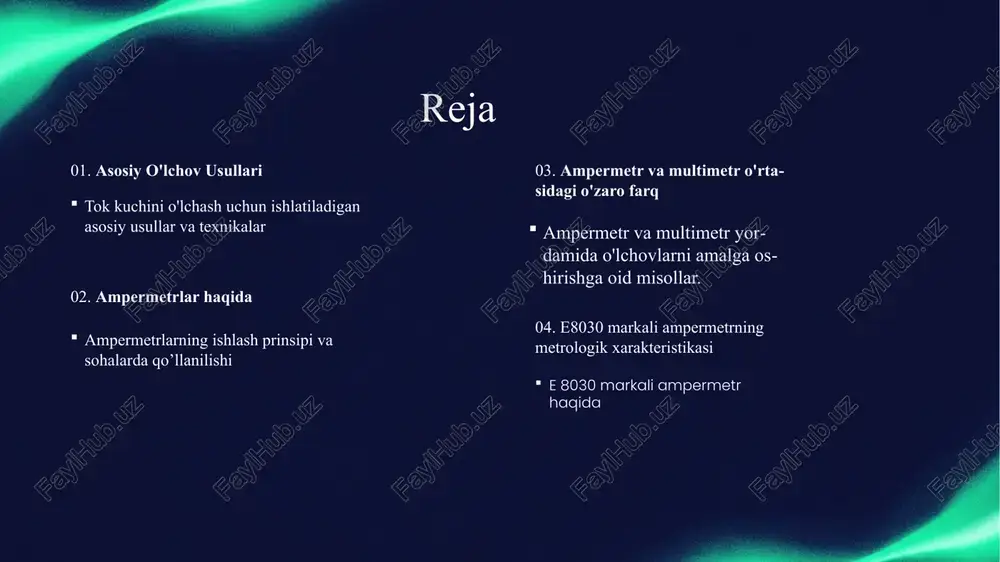 etrlar: 50; 60; 200; 400; 427; 500; 800; 1000; 1150; 1350; 1500 gts. gabarit o'lchamlari, mm: qurilma 80x 80x 70; qo'shimcha qarshilik 110xv0'x50. og'irligi, kg; qurilma 0,3; qo'shimcha qarshilik 0,2. presentation template by elektromagnit tizimi asosida ishlaydi o’zgaruvchan tokda ishlaydi aniqlik sinfi – 2,5 perpendikulyar o’rnatiladi o’lchash diapazoni 15x100=1500a e8030 markali ampermetr presentation template by 123-456-7890 presentation template by e’tiboringiz uchun rahmat presentation template by image1.png image2.png image3.svg image4.png image5.png image3.png image7.jpeg image8.jpeg image9.jpeg image10.jpeg image11.png image12.jpeg image13.png /docprops/thumbnail.jpeg