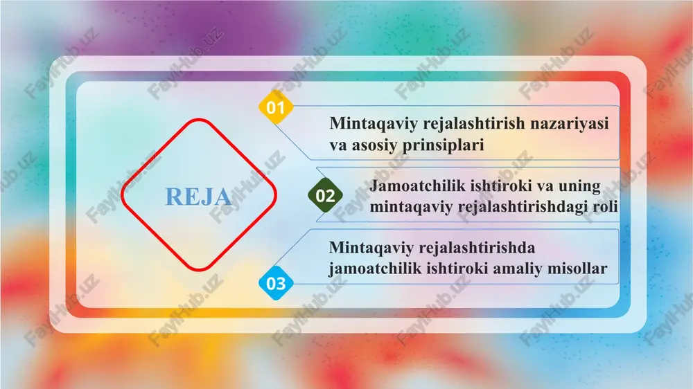 ror qabul qilishdagi faol qatnashuvi sifatida qaraladi. bu jarayon hududning ijtimoiy-iqtisodiy rivojlanishini samarali boshqarishga xizmat qiladi. to‘g‘ridan-to‘g‘ri ishtirok fuqarolarning ochiq yig‘ilishlar, maslahatlar va jamoaviy muhokamalarda bevosita qatnashishini bildiradi. shu yo‘l bilan aholining ehtiyojlari va talablariga mos qarorlar qabul qilinadi. bilvosita ishtirok esa fuqarolarning vakillari, nodavlat tashkilotlar yoki ekspertlar orqali amalga oshadi. bu shakl mintaqaviy rejalashtirish jarayoniga professional maslahat va ekspert baholarini kiritadi. jamiyat institutlari va nodavlat tashkilotlar jarayonda vositachi vazifasini bajaradi. ular fuqarolar fikrini yig‘ish, tahlil qilish va qaror qabul qilinishida ta’sir ko‘rsatadi. jamoatchilik ishtirokini ta’minlash uchun turli mexanizmlar qo‘llaniladi. maslahatlar, so‘rovnomalar va ochiq eshittirishlar fuqarolarning qaror qabul qilish jarayonida fikr bildirishiga imkon beradi. bu usullar hududiy rejalashtirish jarayonini shaffof va ochiq qiladi. onlayn platformalar va interaktiv vositalar esa jamoatchilikni raqamli shaklda jalb qilish imkonini beradi. elektron so‘rovnomalar, forumlar va interaktiv xaritalar orqali fuqarolar o‘z fikrini bildirishlari mumkin. ijtimoiy monitoring va baholash tizimlari qarorlarning natijadorligini baholashga xizmat qiladi. bu mexanizm …