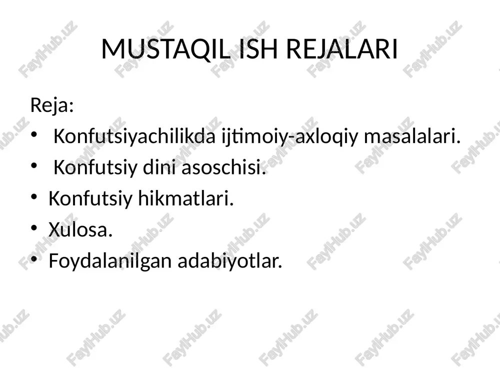 lgilangan osmon va samoviy amr tushunchasiga asoslanadi. xitoyda imperatorlar doimo osmon farzandlari sifatida hurmatga sazovar bo’lgan shuning uchun ularning kuchi ming yillar daaavomida inkor etilmaydi.bundan tashqari konfutsiyachilikning eng muhim qoidalaridan biri “syao’’ tushinchasi –oqsoqollariga hurmat va hurmat.konfutsiy shuningdek,turli xil hayotiy vazifalarida inson xatti –harakatlari tartibga soluvchi’’li’’odob axloq tizimi ishlab chiqdi konfutsiy hikmatlari ustoz aytardi;ota –onangizning xizmatini ado etayotganda ularga oxista so’ylang.agar ular sizning aytganlaringizni qilishni istamayotganliklarini ko’rsangiz bari bir tavozeda turavering va odob qoidalarini buzmang.hatto qon yutib turgan bolsangiz ham koyinganingizni bildirmang. xitoydagi ilm fan taraqqiyotida konfutsiy va uning maktabi alohida ahamyatga ega.uning xitoy falsafasi men sun tarixida tutgan o’rnini suqrotning yunon ustozdan falsafasi tarixidagi o’rnigagina qiyoslash mumkin,xolos.konfutsiy miloddan ilgari taxminan 551-471-yillarda yashagan.uning butun dunyoda mashhur bo’lgan nomi ,,kun,,va,,futszi,, so’zlari asosida yasalgan ,,kun’’hozirgi vaqtda familyani anglatuvchi so’z bo’lsa ,fu’faylasuf, szi o’qtuvchi manolarini ifodalovchi so’zlardir.ya’ni konfutsiy ,falsafa o’tuvchisi’degan so’zlarning familiya maqomini olgan shaklidir. konfutsiy ,,hikmatlar’’i ,,murushatli zot’’ning shunday yuksak inson fazilatlarini …