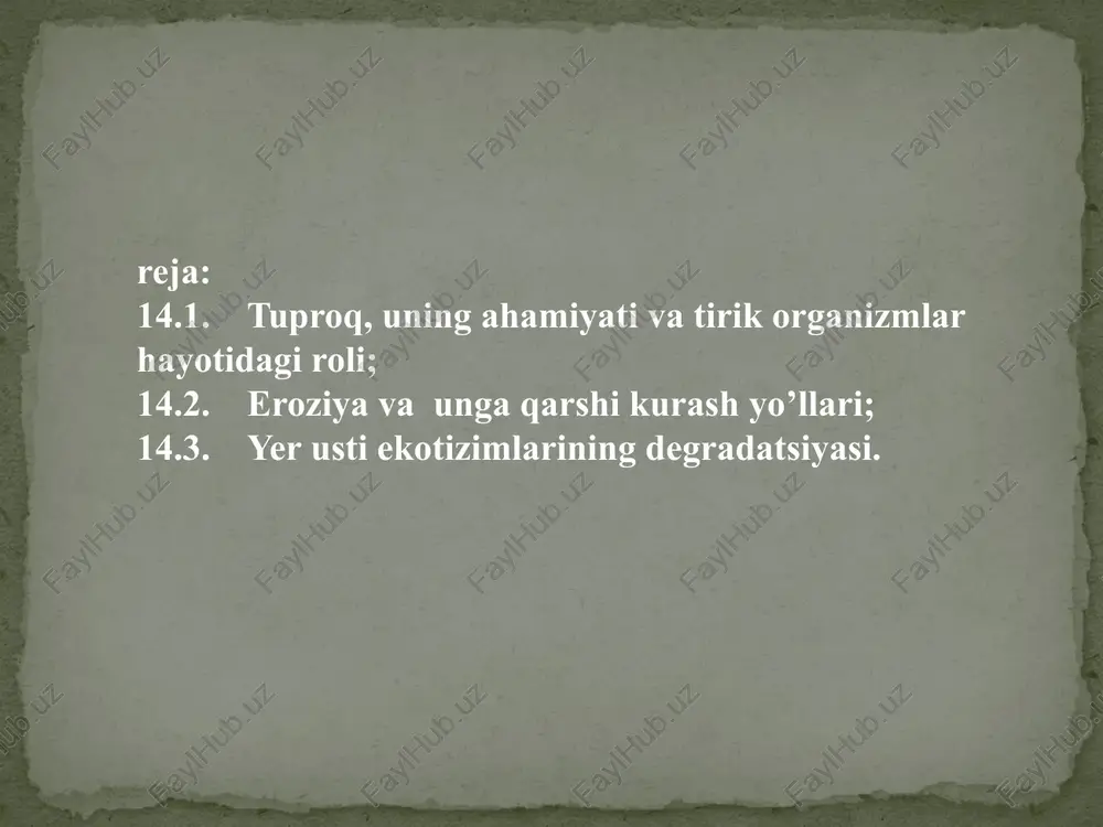 ol oʹynaydi. tuproq qattiq, suyuq, va gazsimon komponentlardan iborat boʹlib, iqlim, togʹ jinslari, oʹsimliklar va hayvonlar, mikroorganizmlarning oʹzaro murakkab taʹsiri natijasida hosil boʹladi. 1 gramm tuproqda milliondan ortiq sodda hayvonlar va tuban oʹsimliklar uchraydi. yer yuzi turli qobiqlari oʹrtasidagi aloqadorlik tuproq orqali amalga oshadi. tuproq tabiiy landshaftlarning asosi hisoblanadi. -tuproqni biosferadagi bajaradigan faoliyatiga qarab organik hayot zanjirining eng muhim xalqasi –deb yuritsa boʹladi. -tuproqda u yoki bu mikroelementlar yetishmasligi yoki ortiqchaligi, organizmlarning rivojlanishi va insonning sogʹligʹiga bevosita taʹsir koʹrsatadi; -tuproq kasallik tarqatadigan; -koʹplab mikroorganizmlar uchun zarur hayot muhiti hisoblanadi. tuproqda sil, vabo, oʹlat, ich-terlama va boshqa kasalliklarning qoʹzgʹatuvchilari boʹlishi mumkin. biosferada tuproqning eng muhim roli shundaki, barcha organizmlarning qoldiqlari tuproqda parchalanadi va yana mineral birikmalarga aylanadi. typroq qatlamisiz yer yuzida hayotni tasavvur ham qilib boʹlmaydi. 14.2. eroziya va unga qarshi kurash yo’llari: yer yuzasi ustki unumdor qismining suv yuvib yoki shamol taʹsirida uchirib olib ketilishi eroziya deyiladi. “eroziya” lotin tilidan …
