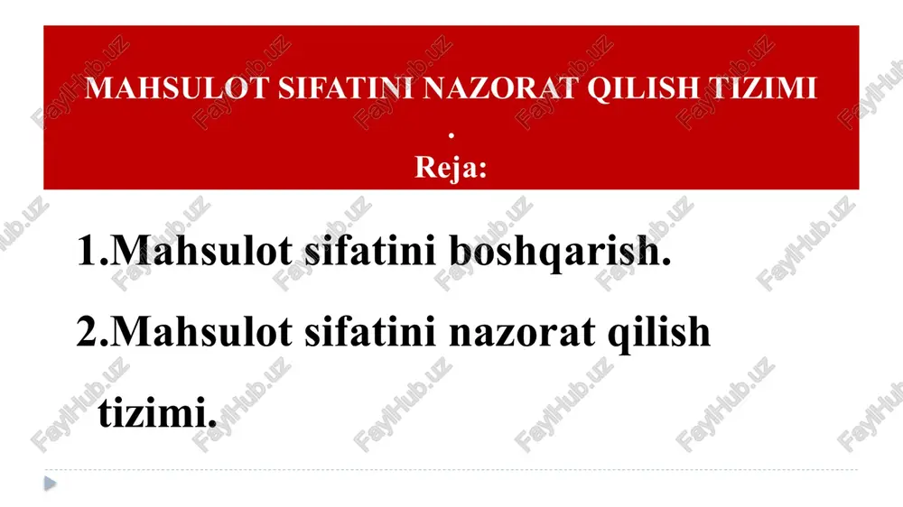 hiqarishi va mahsulo sifatini boshqarshda texnik nazoratga katta ahamiyat beiladi texnik nazorat quyidagi bosqichlardan iborat bo’ladi: 1.sabablar tahlili laboratoriya tomonidan xodimning malakasi, o’lchov qurilmalarini metrologik tekshiruvdan o’tkazilmaganligi, ishonchlilikni tekshirish reasi mavjud emasligi. 2.to’g’irlovchi harakatlar. 2ta xodim o’lchov qurilmalarini eksplatatsiya qilish uchunamaliy stajirovkaga yuboriladi, malakasi monitoring qilinadi. o’lchov uskunlari metrologik tekshiruvdan otkazilib yaroqliligi tasdiqlanadi va yillik reja grafigi ishlab chiariladi. mahsulot sifatini nazorat ilish tizimning asosiy elementlari bir qator umumiy kichik tizimlarda iborat bo’lib ularning qatoriga eng avvalo quyidagi kichik tizimlar kiradi: rejalashtirish; inspeksiya. mahsulot sifatini nazorat qilish tizimining qo’shimcha elemenlari bir qator maxsus va ta’minlovchi kichik tizimlardan iboratdir. bunda quyidagi maxsus kichik tizimlar ajratib ko’rsatiladi: texnik jarayonni nazorat qilish; tayyor mahsulotni sifat ko’rsatkichini baholash. e'tiboringiz uchun rahmat! 8 image2.jpeg image3.jpeg /docprops/thumbnail.jpeg