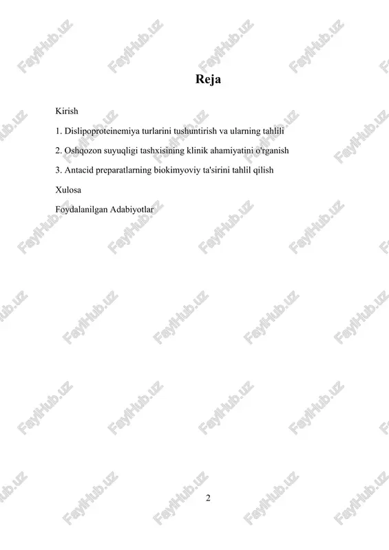 talarni neytrallashtiruvchi dorilar—oshqozon-ichak kasalliklarida keng qo‘llaniladi va ularning biokimyoviy asoslari oshqozon kislotalarining ishlab chiqarilishini kamaytirish yoki neytrallashtirishga qaratilgan. bu preparatlar oshqozon kislotalarining ishlab chiqaruvchilarini blokirovka qilish va oshqozon suyuqligi ph darajasini oshirish orqali yallig‘lanish va yara jarayonlarini kamaytiradi, simptomlarni yengillashtiradi. zamonaviy texnologiyalar yordamida oshqozon suyuqligi va lipidlar bilan bog‘liq laboratoriya metodlari rivojlanib, diagnostika va davolash jarayonlarini optimallashtirish imkoniyatlari kengaymoqda. i. dislipoproteinemiya turlarini tushuntirish va ularning tahlili dislipoproteinemiya turlari inson organizmida lipid va lipoproteinlarning qon hayotiy muvozanatini buzilishidan kelib chiqadigan patologik holat bo‘lib, ular yurak-xolesterin kasalliklari va ateroskleroz rivojlanishining asosiy sabablari hisoblanadi. dislipoproteinemiya turli turlarga bo‘linadi, ularning har biri qon tarkibidagi lipidlar va lipoproteinlarning muayyan o‘ziga xos buzilishiga asoslangan. bu turlarni aniqlash va tasniflash, shuningdek, ularga mos davolash strategiyalarini ishlab chiqish, zamonaviy klinik amaliyotda juda muhim ahamiyatga ega. dislipoproteinemiya turlarini tushunish uchun, avvalo, lipid va lipoproteinlarning biologik xususiyatlarini va ularning qon tarkibidagi normal holatini bilish zarur. lipidlar — bu yog‘li moddalar …