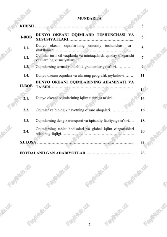 shda, tabiiy ofatlarga tayyorgarlik ko‘rishda va global iqlim o‘zgarishlarini bashorat qilishda muhim ahamiyatga ega. kurs ishining maqsadi: kurs ishining asosiy maqsadi — dunyo okeani oqimlarining shakllanishi, ularning turlari va iqlim va ekologiya bilan bo‘lgan aloqasini o‘rganish, shuningdek, ularning xalqaro iqtisodiyotdagi ahamiyatini tahlil qilishdir. ushbu maqsadga erishish uchun okean oqimlarining tabiiy jarayonlar, iqtisodiy va ekologik sohalarga ta’sirini chuqur tahlil qilish rejalashtirilgan. kurs ishining vazifalari: 1. okean oqimlari tushunchasini va ularning shakllanishini o‘rganish; 2. dunyo okeanidagi asosiy oqimlar turlarini va ularning iqlimga ta’sirini tahlil qilish; 3. okean oqimlarining dengiz ekologiyasi, baliqchilik va qishloq xo‘jaligiga ta’sirini o‘rganish; 4. okean oqimlarining iqlim tizimlaridagi o‘rni va global iqlim o‘zgarishlariga ta’sirini tahlil qilish; 5. okean oqimlarining iqtisodiy ahamiyatini, shu jumladan dengiz transporti va energetika sohasidagi rolini o‘rganish; 6. okean oqimlarining kelajakdagi o‘zgarishlarini prognoz qilish va ekologik xavflarni kamaytirish strategiyalarini ishlab chiqish. kurs ishining obyekti: dunyo okeanining oqimlari va ularning tabiiy, ekologik, iqtisodiy va iqlimiy tizimlar bilan …