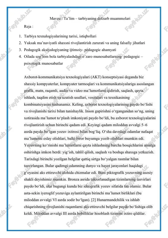 tirilgan birinchi ma’lumot birliklari (bu miloddan avvalgi vi asrda sodir bo‘lgan). [2] hunarmandchilik va ishlab chiqarishning rivojlanishi raqamlarni aks ettiruvchi belgilar paydo bo‘lishiga olib keldi. miloddan avvalgi iii asrda bobilliklar hisoblash tizimini ixtiro qildilar. miloddan avvalgi 5–6 asrlarda krit orollarida o‘nlik tizimidan foydalangan. keyinchalik, arablar hindlarning hisob yozuvlarini yozishni o‘rganishdi. 5–8 asrda yevropaliklar raqamlardan foydalanishgan. bu belgilar bugungi kungi raqamlar belgisi bilan bir xil. axborot uzatishning rivojlanishidagi navbatdagi qadam bo‘g‘inli yozuvni yaratishgan bo‘ldi. tarixning ushbu davrida bobil tili xalqaro maqomga ega bo‘lib, uni diplomatik muzokaralarda va savdo bitimlarini tuzishda ishlatishni boshlaydilar. endi ma’lumotlar atamalar bilan yetkazilishi boshlandi. miloddan avvalgi 10–11 asrlarda fin alifbosi ixtiro qilindi, bu esa axborot texnologiyalarining rivojlanishida katta sakrashni keltirib chiqardi. finikiya alifbosi asosida yunon alifbosi yaratildi, keyinchalik u g‘arb mamlakatlari hududlarida qo‘llanila boshladi. yozma belgilar evolyutsiyasi xv asrda eng yuqori cho‘qqiga chiqdi, o‘sha paytda yevropaliklar zamonaviy tipdagi tinish belgilarini o‘ylab topishdi. matematik simvollar bitiruv malakaviy ishlari …