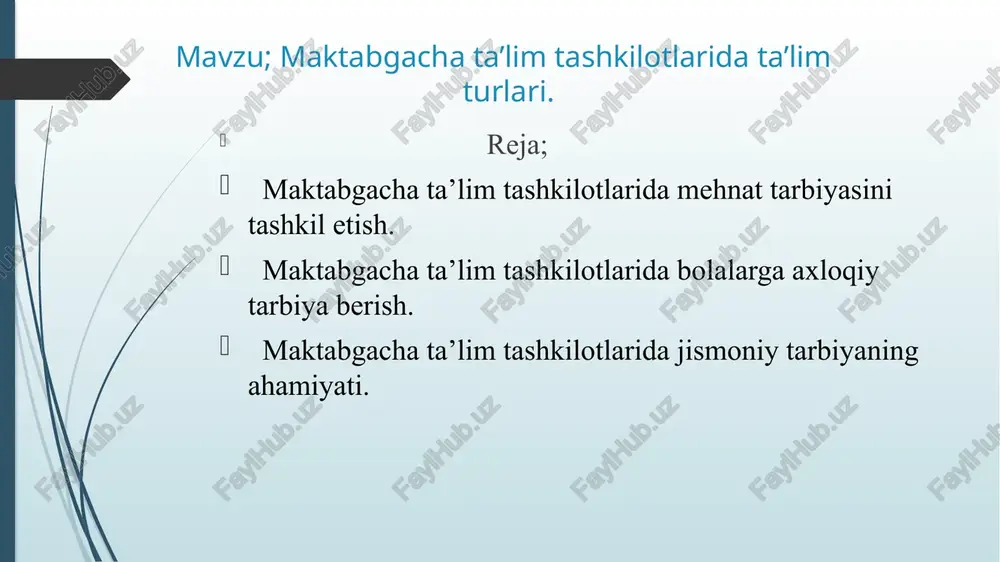 hadi, biroq har qanday holda ham bolalar mehnatini o'yinga aylantirish, ularning farqini ishlab chiqarish noto'g’ri bo‘lar edi. tarbiyachilar va ota-onalar ta’sirida asta-sekin bolalar mehnati o‘z vazifasi, mazmuni, metodi va tashkil etilishi bilan mustaqil faoliyat sifatida ajratib boriladi. mehnatda natijaga erishishda, mehnat malakalarini shakllantirishda pedagogning va bolalar o‘rtoqlarining bahosi va o‘ziga-o‘zi baho berish katta ahamiyatga ega. bolalar yasagan buyumlari o‘yin va mashg’ulotlarda qo‘llanilsa, ular o‘zlari yasayotgan buyumlar yanada sifatli bo'lishiga intiladilar.mehnat shaxsni har tomonlama kamol toptirishning asosiy omilidir. shuning uchun har bir bola maktabgacha ta’lim yoshidan boshlab mehnat jarayonida ishtirok etishi kerak. maktabgacha ta’lim tashkilotlarida mehnat tarbiyasi ikki yo‘nalishda amalga oshiriladi: 1. bolalarning o'zlarini mehnatga o‘rgatish. 2. kattalar mehnati bilan tanishtirish. mehnat qilish muntazam ravishda bo‘lib, unda hamma bolalar ishtirok etsa, kattalar mehnati bilan tanishtirib borilsa, u tarbiya vositasiga aylanib boradi. maktabgacha ta’lim yoshidagi bolalarni quyidagi mehnat turlariga jalb qilib boriladi: o‘z-o‘ziga xizmat qilish, xo‘jalik-maishiy mehnat, tabiat quchog'idagi mehnat, qo’l mehnati. …