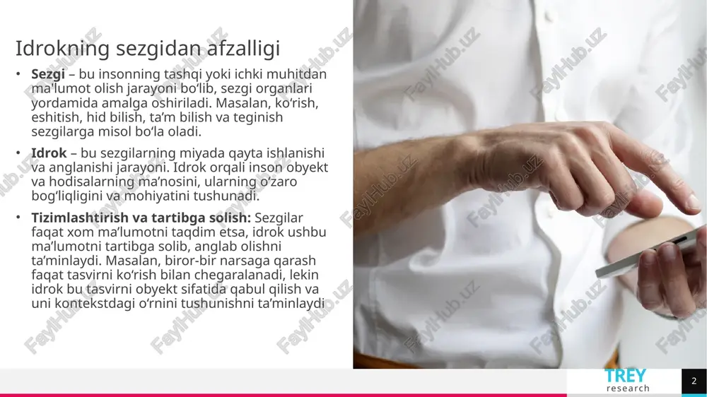 oladi. ushbu jarayon biologik, psixologik, madaniy va individual omillarga asoslanadi. 5 trey research predmetlilik obrazlarni idrok qilishning predmetliligi deganda, insonning atrof-muhitdan olingan ma’lumotlarni predmetlar shaklida tushunish va aniqlash qobiliyati tushuniladi. idrok jarayonida inson tashqi dunyo haqidagi ma’lumotlarni mantiqiy va aniq shakllarga ajratadi va har bir tasvirga uning o‘ziga xos mazmunini yuklaydi. obrazlarni idrok qilishning yaxlitligi (holistic perception of images) bu insonning atrof-muhitdagi obyektlarni yoki tasvirlarni ularning barcha qismlarini birgalikda, yagona butunlik sifatida qabul qilish qobiliyatidir. bu idrokning muhim xususiyatlaridan biri bo‘lib, obrazlarni tahlil qilishda individual elementlarga emas, balki ularning umumiy mazmuniga e’tibor qaratadi. 6 trey research obrazlarni idrok qilish konstantlik obrazlarni idrok qilishning konstantligi (perceptual constancy) insonning atrof-muhitdagi obyektlarni ularning sharoit va holatlar o‘zgarishidan qat'i nazar, barqaror va bir xil tarzda idrok qilish qobiliyatidir. bu idrokning muhim xususiyati bo‘lib, turli yorug‘lik, masofa, burchak yoki boshqa sharoitlar o‘zgarishiga qaramay, obyektlarni doimiy ko‘rinishda saqlab qolishga yordam beradi. kategorialligi obrazlarni idrok qilishning kategorialligi …