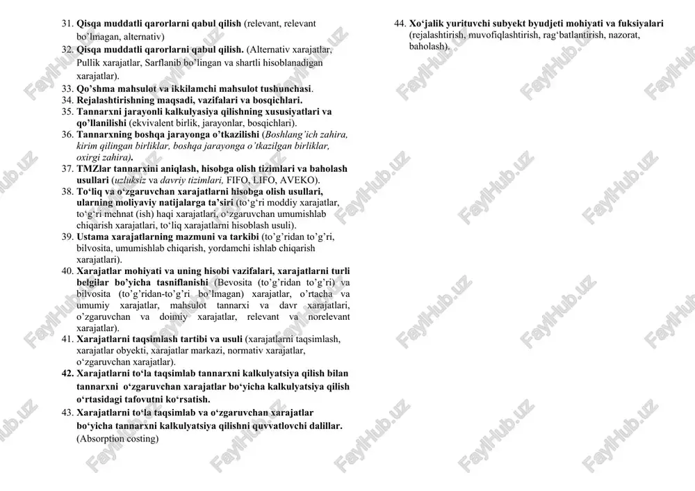 gi chetlanishlar). 14. ikkilamchi mahsulotlar hisobi. 15. ishlab chiqarish jarayonida tannarxning o’zgarishi: o’rtacha salmoqli va fifo usullari (mahsulot birligi, qo’llanishi). 16. kompleks ishlab chiqarish xarajatlarini taqsimlash usulllar (qo‘shimcha mahsulot hisobi). 17. kompleks ishlab chiqarish xarajatlarini taqsimlash usulllar (sof sotish qiymati usuli, sotishga asoslangan usul). 18. kompleks ishlab chiqarish xarajatlarini taqsimlash usulllar (yalpi foyda doimiy ulushi usuli, natural ko’rsatkichli usul). 19. kompleks yoki qo’shimcha ishlab chiqarish xarajatlari taqsimlash usullari (sof sotish qiymati usuli, yalpi foyda doimiy ulushi usuli). 20. mahsulot tannarxi va davr (operasion) xarajatlari. 21. o’zgaruvchan va doimiy xarajatlar (tannarx drayveri, yarimdoimiy xarajatlar, relevant diapazon). 22. mahsulot tannarxini kalkulyasiya qilish tizimlari (buyurtmali kalkulyasiya, jarayonli kalkulyasiya). 23. maqsadli kalkulyasiyaning mohiyati va qo’llanilishi. 24. moliyaviy byudjet va turlari (kapital qo‘yilma xarajatlari byudjeti, pul mablag‘lari oqimi prognozi, moliyaviy ahvol hisoboti prognozi). 25. operasiyalar va xizmatlar bo’yicha tannarxni kalkulyasiya qilishning xususiyatlari. 26. operativ byudjet (moliyaviy byudjet). 27. operativ byudjet (sotuv byudjeti). 28. operativ byudjet …
