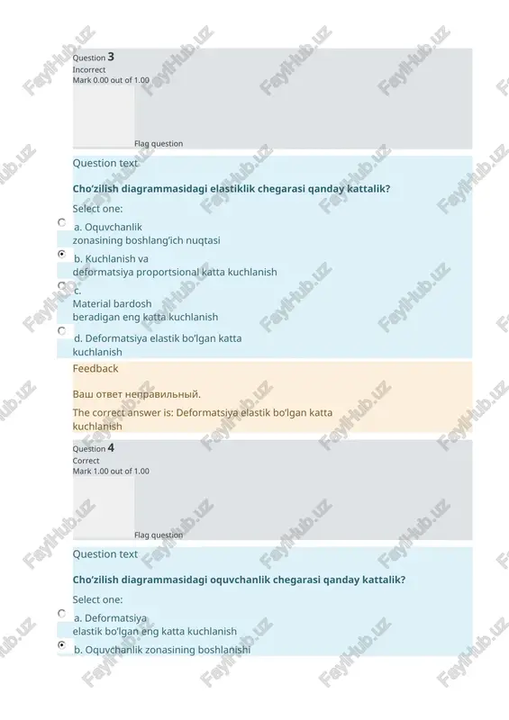 a kuchlanish feedback vash otvet verniy. the correct answer is: material bardosh bera oladigan eng katta kuchlanish question 6 correct mark 1.00 out of 1.00 flag question question text cho’zilish va siqilishda bo’lgan brus kesimida nechta ichki kuch hosil bo’ladi select one: a. 1 b. 4 c. 3 d. 2 feedback vash otvet verniy. the correct answer is: 1 question 7 correct mark 1.00 out of 1.00 flag question question text nisbiy absalyut uzayish o’lchov birligini ko’rsating select one: a. % b. sm c. dm d. mm feedback vash otvet verniy. the correct answer is: % question 8 correct mark 1.00 out of 1.00 flag question question text mo’rt materiallar uchun ruhsat etilgan kuchlanishlar qaysi mexanik xarakteristikaga nisbatan tanlanadi? select one: a. proportsionallik chegarasi b. mustaxkamlik chegarasiga nisbatan c. oquvchanlik chegarasi d. elastiklik chegarasi feedback vash otvet verniy. the correct answer is: mustaxkamlik chegarasiga nisbatan question 9 correct mark 1.00 …
