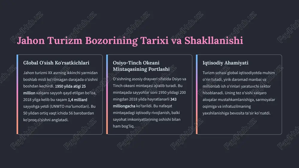 pandemiyasi global turizm sanoatiga misli ko'rilmagan zarba berdi. xalqaro sayohatlar keskin 900 millionga kamaydi, bu esa turizm daromadlarida 935 milliard dollar yo'qotishga olib keldi (unwto). chegaralarning yopilishi va majburiy karantin choralari sohani falaj qildi. global iqtisodiy inqiroz turizmdagi pasayish global iqtisodiyotga ham o'z ta'sirini ko'rsatdi. jahon savdosi 30% ga pasaydi, iqtisodiy inqiroz 1930-yillardagi buyuk depressiyadan keyingi eng chuqur inqiroz bo'ldi. mehmonxonalar, turoperatorlar va aviakompaniyalar ommaviy yopilishlar va ishdan bo'shatishlarga duch keldi. chegara yopilishlari va sayohat cheklovlari ko'plab mamlakatlar bir necha oylar davomida chegaralarini yopdi, bu esa xalqaro turizm oqimini to'xtatdi. hatto ichki turizm ham cheklovlar ostida qoldi. bu davr soha mutaxassislariga raqamli transformatsiya va yangi sanitariya protokollarini joriy etish zarurligini ko'rsatdi. pandemiyadan keyingi tiklanish: hukumatlar qo‘llab-quvvatlashi 1 o'zbekistonning qo'llab-quvvatlashi o'zbekiston hukumati pandemiya davrida turizm va mehmondo'stlik sohasini saqlab qolish uchun muhim choralar ko'rdi. bularga moliyaviy subsidiyalar, soliq imtiyozlari va mehmonxonalarni modernizatsiya qilish uchun kreditlar kiritildi. shuningdek, xavfsiz sayohatni ta'minlash maqsadida …