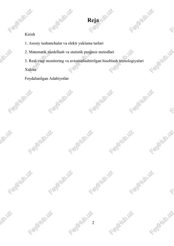 ishlatiladi. buning natijasida, tarmoqning o‘zaro bog‘liqliklari va yuklama o‘zgarishlarining ta’siri aniqroq tushuniladi. hozirgi vaqtda, ilmiy-tadqiqot institutlari va yirik kompaniyalar bu sohada faol ish olib bormoqda. big data, mashina o‘rganish va sun’iy intellekt texnologiyalari yordamida, yuklamalar va ularning o‘zgarishlarini yanada aniqroq prognoz qilish imkoniyati oshmoqda. i. asosiy tushunchalar va elektr yuklama turlari elektr yuklamalarni hisoblash usullari elektr muhandisligi va energetika sohalarida muhim o‘rin tutadi. bu usullar elektr tarmoqlarining samarali va xavfsiz ishlashini ta’minlash uchun zarur bo‘lib, elektr energiyasining uzatish va ta’minot tizimlarida yuklamalarni oldindan aniqlashda keng qo‘llaniladi. elektr yuklamalarni hisoblash usullari bir necha asosiy tushunchalar va metodlarni o‘z ichiga oladi va ular orqali tarmoqning quvvat talablari, oqimlar va kuchlanishlarning o‘zgarishlarini model qilish mumkin bo‘ladi. elektr yuklamalarini hisoblashda asosiy tushunchalar sifatida quvvat (kv, mw), oqim (a), kuchlanish (v) va quvvat faktorini (cos φ) nazarda tutamiz. bu parametrlar yordamida tarmoqdagi yuklamalarning dinamik va statik holatdagi o‘zgarishlarini tahlil qilish mumkin. masalan, yuklamalar dinamik bo‘lsa, …