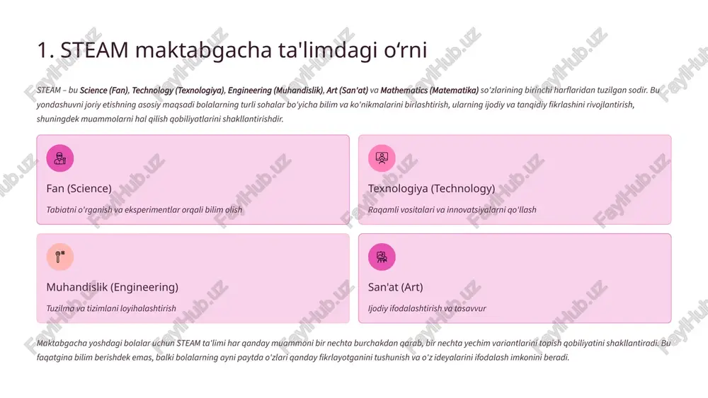 shlatishni o'rganadi. ijodiy va tanqidiy fikrlashni rivojlantirish har bir loyihada bolalarga muammoni o'zlari hal qilish zarurati yuzaga keladi. ular "nega?" va "qanday?" degan savollarga javob izlab, o'z ideyalarini sinab ko'radi, va bu jarayonda ularning fikrlash qobiliyati kuchayadi. 3 steam texnologiyasining maktabgacha ta'limdagi asosiy maqsadlari rivojlanish va bilim steam ta'limi maktabgacha ta'limdagi eng muhim maqsad – bolalarning ijodiy salohiyatini rivojlantirish va ularning kognitivlik ko'nikmalarini yuksaltirish. bu faqatgina matematika yoki fan bo'yicha bilim berishdek emas, balki bolalarning breyni to'plam (brain's neural networks) to'g'ri rivojlanishi uchun zaruriy stimulyation berish. muammolo hal qobiliyati tasdiqlanganidek, steam tanamosligi orqali bolalar tanqidiy fikrlash va muammolarni hal qilish ko'nikmalarini shakllantirada. ular o'rganadi qanday qilib bir muammoni har xil burchakdan qarab, uning orasidan optimal yechimni topish mumkinligini. maktabga tayyorgarlik maktabgacha steam ta'limi o'quvchilarga maktabga ko'chish jarayoni juda oson bo'lishi uchun zaruriy asosiy bilim, ko'nikma va motivatsiyani beradi. steam darslaridan o'tgan bolalar maktabda matematika, o'qish, yozish darslariga ancha tez moslasha …