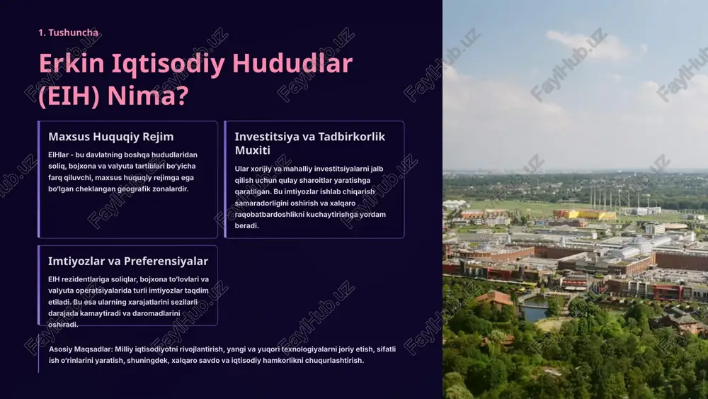 eroporti) kabi mamlakatlarda ilk eihlar (asosan erkin portlar yoki eksport-ishlab chiqarish zonalari) tashkil etildi. bu, ayniqsa, xitoyning maxsus iqtisodiy zonalar yaratishga turtki bo‘ldi. 2 1980-yillar: xitoyning inqilobi xitoy xalq respublikasi shenjen, juxay, shantsi kabi maxsus iqtisodiy hududlarni yaratish orqali iqtisodiy islohotlarni boshladi. shenjen qishloq xo‘jaligi hududidan jahon texnologiya markaziga aylandi. 3 hozirgi kun: global tarqalish bugungi kunda jahon bo‘ylab 140 dan ortiq mamlakatda 6000 dan ortiq eih faoliyat yuritadi. ular aqsh, xitoy, braziliya, rossiya va baada jadal rivojlanmoqda, har biri o‘ziga xos ixtisoslikka ega. jahon savdo tashkilotining (jst) ma’lumotlariga ko‘ra, eihlar jahon eksportining taxminan 20% ini ta’minlaydi va 68 milliondan ortiq ish o‘rni yaratgan. bu hududlar xalqaro kapitalning jadal harakatlanishi va ishlab chiqarish zanjirlarini optimallashtirishda muhim rol o‘ynaydi. 3. tasniflash eih turlari va ularning funksiyalari erkin iqtisodiy hududlar turlari ularning maqsadlari va faoliyat yo‘nalishlariga qarab farqlanadi. har bir tur milliy iqtisodiyotning muayyan ehtiyojlariga javob berish uchun yaratiladi. ilmiy-texnologik hududlar texnoparklar, …