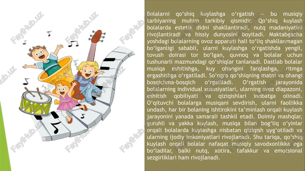 obrazli ifodalar yordamida bolalarning tasavvurini boyitish, kuylayotgan qo‘shig‘i bilan bog‘liq hayotiy voqealarni muhokama qilish ham foydalidir. misol uchun, tabiat haqidagi qo‘shiqlarni o‘rganishda mavsumga oid kuzatuvlar, gullar, qushlar, yomg‘ir yoki quyosh haqida suhbatlar orqali bolalarning e’tiborini jalb etish mumkin. bolalarni musiqiy eshituvga o‘rgatish ham muhim o‘rin tutadi. har bir qo‘shiqni o‘rgatishdan avval u tinglatilib, kuyning kayfiyati, sur’ati, ifodasi haqida bolalar bilan suhbat o‘tkaziladi. bu esa bolalarda musiqani tushunish va his qilish ko‘nikmasini rivojlantiradi. ayrim hollarda bolalarga kichik guruhlar bilan yoki yakka holda ishlash orqali, ularning individualligiga mos yondashish samarali natija beradi. har bir bolaning ovoz imkoniyatlari, temperament va psixologik xususiyatlari farq qiladi, shuning uchun o‘qituvchi har bir bola bilan alohida ishlashga intilishi lozim. musiqa darslarida foydalaniladigan texnologiyalar, zamonaviy audiotexnika vositalari, interaktiv taqdimotlar va videoroliklar orqali kuylash mashg‘ulotlarini yanada boyitish mumkin. ayniqsa, milliy va xalq qo‘shiqlarini o‘rgatish orqali bolalarga o‘zbek xalqining boy madaniy merosini singdirish, ularni vatanga sadoqat, madaniyatga hurmat ruhida tarbiyalash …