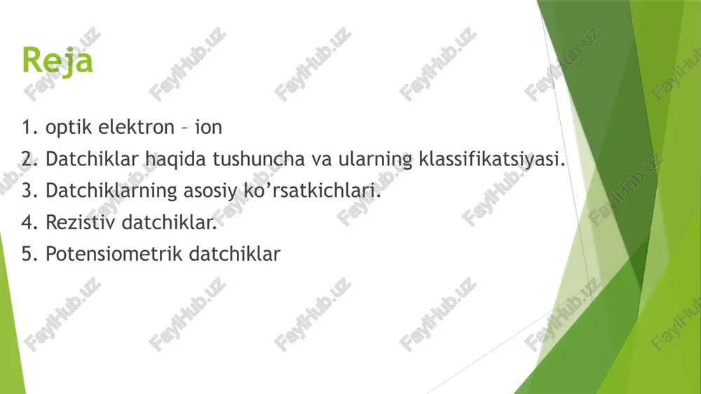 ektr sxemalariga (kuprikli, differentsialli) ulash xamda alloxida energiya manbasiga ega bo‘lishi kerak. aniklik darajasi buyicha datchiklar 0,24; 0,4, 0,6; 1; 1,5; 2,5; 4 aniklik sinflariga muvofik bo‘lishlari lozim. ish printsipi buyicha elektrik datchiklar rezistivli, elektromagnitli, sigimli va taxometrik (generatorli) kurinishlarga ega bo‘ladi rezistiv datchiklar chizik va burchak xarakatlarni kuch va momentlar, tebranish va vibratsiyalar, xarakat va yoruglik kabi noelektrik kattaliklarni nazorat kilish va ulchash jarayonlarida kullaniladi. rezistiv datchiklar guruxiga potentsiometrik, kumir (kontaktli), tenzometrik kabi datchiklar (fotorezistiv, termorezistiv) kiradi. bunday turdagi datchiklarning ish printsipi nazorat kilinayotgan kattalikning ta’sirida uning aktiv karshiligi uzgarilishiga asoslangan bo‘ladi.mexanik o‘zgartirgichlar mexanik kirish ko‘rsatkichlarni (bosim, kuch, tezlik, sarf va boshqalar.) mexanik chiqish ko‘rsatkichlarga (aylanish chastotasi, bosim va boshqalar) o‘zgartirib berish bilan xarakterlanadi. bunday o‘zgartirgichlarning sezgirlik elementi sifatida elastik elementlar (membrana, prujina, balka kabilar) poplavoklar, ko'rsatkichlar va drosselli qurilmalar ishlatiladi elektromexanik birlamchi o‘zgartirgichlar (yoki elektrik datchiklar) kirish mexanik ko‘rsatkichlarni (bosim, kuch, sarf kabilar) chiqish elektrik ko‘rsatkichlarga (kuchlanish, tok, …