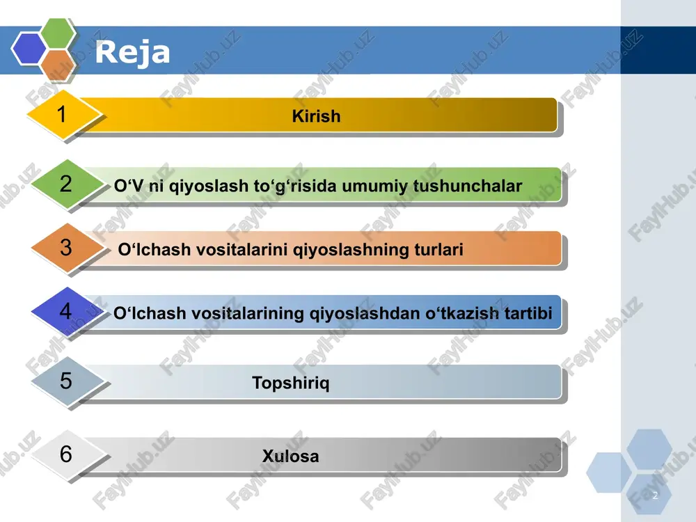 ositalari turkumlarining ro‘yxatiga kiritilmagan o‘lchash vositalarini qiyoslash yuridik shaxslarning metrologiya xizmatlari tomonidan amalga oshirilishi mumkin) 6 ushbu akkreditatsiyadan o‘tkazilgan metrologiya xizmatlarining zarur malakaga ega bo‘lgan, aniq bir o‘lchash turi bo‘yicha tayyorgarlikdan o‘tgan mutaxassisi esa qiyoslovchi deb ataladi o‘v ni qiyoslash to‘g‘risida umumiy tushunchalar 7 o‘lchash vositalarini qiyoslaganda o‘lchash vositalarining belgilab qo‘yilgan metrologik talablarga ularning muvofiqligini aniqlash va tasdiqlash bajariladigan operatsiyalar ketma-ketligini belgilovchi o‘lchash vositalarini qiyoslash uslubiyoti asosida amalga oshiriladi. ✅demak, qiyoslash uslubiyoti — bajarilishi o‘lchash vositalari metrologik talablarga muvofiqligini tasdiqlash imkonini beruvchi, aniq ta’riflangan operatsiyalar jamlanmasidan iborat hujjat ekan. o‘lchash vositalarini qiyoslashning turlari birlamchi qiyoslash ishlab chiqarishdan yoki ta’mirlashdan so‘ng o‘tkaziladi o‘lchash vositalarini qiyoslash turlari qayta qiyoslash: davriy qiyoslash; navbatdan tashqari qiyoslash; inspeksion qiyoslash; ekspert qiyoslash. 8 ❗ birlamchi qiyoslashdan barcha o‘lchash vositalari nusxalari o‘tkazilishi lozim, metrologik attestatsiyadan o‘tkazilgan o‘lchash vositalari bundan mustasno o‘lchash vositalarini qiyoslashning turlari 1 davriy qiyoslash o‘lchash vositalari qiyoslashlararo intervalining muddati tugaganda o‘tkaziladi 2 navbatdan tashqari …