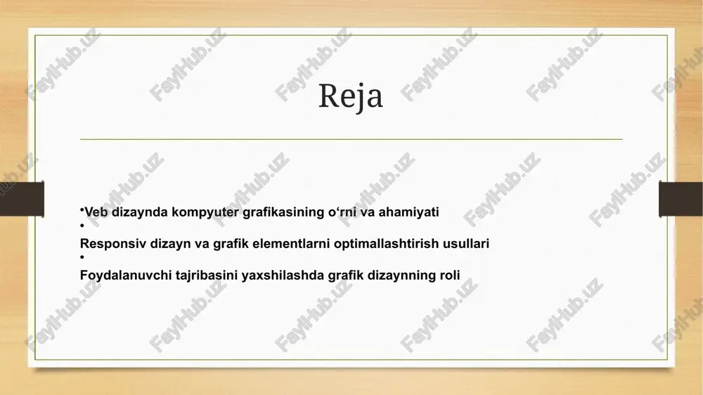mentlar ham muhim rol o‘ynaydi. grafik optimallashtirish quyidagi yo‘llar bilan amalga oshiriladi: rasm formatini tanlash: png, jpeg, webp yoki svg formatlaridan maqsadga muvofiq foydalanish; fayl hajmini kamaytirish: siqish texnologiyalari orqali yuklanish vaqtini qisqartirish; responsive breakpoints yordamida rasmlarni avtomatik moslashtirish; lazy loading texnikasi orqali rasmlarni faqat kerakli paytda yuklash. bu usullar nafaqat sayt tezligini oshiradi, balki seo natijalarini va foydalanuvchi tajribasini ham yaxshilaydi. 3. foydalanuvchi tajribasini yaxshilashda grafik dizaynning roli foydalanuvchi tajribasi (ux) — bu foydalanuvchining sayt bilan o‘zaro aloqasidan oladigan hissi, qulayligi va samaradorligidir. grafik dizayn bu jarayonning markazida turadi. ranglar psixologiyasi, shriftlarning o‘qilishi, tugmalar joylashuvi va animatsiyalar — bularning barchasi foydalanuvchi diqqatini to‘g‘ri yo‘naltiradi. minimalizmga asoslangan, ortiqcha detallarni kamaytirgan dizaynlar ko‘pincha eng samarali bo‘ladi. shuningdek, interaktiv elementlar va silliq animatsiyalar saytni “jonlantiradi”, foydalanuvchining saytga bo‘lgan ishonchini oshiradi. xulosa xulosa qilib aytganda, kompyuter grafikasining veb dizayndagi o‘rni beqiyosdir. u saytning tashqi ko‘rinishini belgilabgina qolmay, balki uning funksionalligini, yuklanish tezligini va …