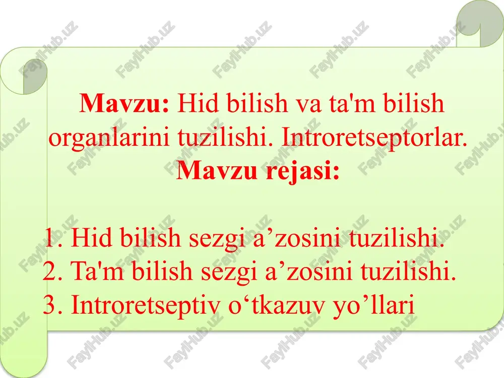 ylashgan bo'lib, uning o'simtalari hid biluv nervi tizimchasini tashkil etadi va uchinchi neyron hujayrasida yakunlanadi. uchinchi neyron hujayralari bosh miyadagi hid biluv nervi uchburchagida, oldingi g'alvirsimon sohalarda, tiniq to'siq sohada joylashadi. bu hujayra o'simtalari hid biluv markazida yakunlanadi. hid biluv markazi bosh miya po'stlog'ining dengiz oti pushtasi, paragippokamp sohasining ilmog'i deb nomlangan pushtalarda joylashadi. ta’m bilish a’zosining vazifasi har xil ovqat moddalarini bir-biridan ajrata bilish, sifatini aniqlashdan iborat. odamda ta’m sezuvchi piyozchalar, asosan, tildagi va yumshoq tanglayda, hiqildoq usti tog'ayining orqa tomonida, cho'michsimon tog'aylarning ichki yuzasida joylashgan. lekin tilning ipsimon so‘rg‘ichlarida ta’m bilish retseptorlari bo‘lmaydi. piyozchalar ta’m bilish hujayralaridan iborat bo'lib. ta’m bilish analizatorlarining retseptorlarini hosil qiladi. ta’m bilish analizatori uch xil nerv tarkibida kelib tarqaladi va uch neyronli bo'ladi. birinchi neyron quyidagicha joylashgan: 1. birinchi neyron hujayralari yuz nervi (vii) tizzasimon tugunida, til-halqum nervi (ix) va adashgan nervning (x) pastki tugunlarida joylashadi. a) tizzasimon tugundagi hujayralarning tashqi o'simtalari tilning …