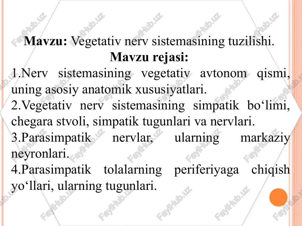 an ta’sir qiladi. ko'rish tepaligi esa miyacha, targ‘il tana yadrosi va bosh miyaning boshqa po'stloq osti yadrolari bilan o'tkazuvchi yo'llar orqali qo'shilgan. shuning uchun gipotalamus organizmdagi turli va murakkab faoliyatlarga ham o'z (somatik) ta'sirini ko'rsatadi. jumladan. miyacha organizmdagi murakkab harakatlarni, odam muvozanatini avtomatik ravishda tartibga soladi. bundan tashqari, miyacha gipotalamus va boshqa yadrolar orqali ichki a’zo funksiyasini ham tartibga solishda (regulatsiya qilishda) faol qatnashadi. ammo organizmdagi barcha vegetativ va somatik vazifalar yuqorida avtilganidek, faqat po'stloq osti yadrolari orqaligina bajarilmaydi. chunki, ular ham o‘z navbatida bosh miya ta'sirida so‘zsiz organizmdagi barcha hayotiy vazifalarni idora etadi va uning po'stlog'iga bevosita itoat qiladi. binobarin, bosh miya po'stlog'ini tashqi muhit bilan bog'laydi. vegetativ nerv tizimi ikki guruh nervlarga ajraladi: parasimpatik hamda simpatik nerv tizimi. parasimpatik nerv tizimi ko'z qorachig‘ini va ichki a’zolarni toraytirib, qon tomirlarini kengaytiradi. simpatik nerv tizimi esa yurak qisqarishi va a’zolarni kislorod bilan ta’minlanishini oshiradi, qorachiqni kengaytirib, qon tomirlarini toraytiradi. vegetativ …