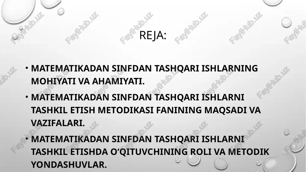 tasi bo‘lib, ular orqali o‘quvchilar matematikaning hayotdagi ahamiyatini chuqurroq anglaydilar. bu ishlarning ahamiyati shundaki, ular o‘quvchini faollikka, izlanishga va o‘z ustida ishlashga undaydi. masalan, matematik kechalar, viktorinalar, musobaqalar, to‘garak mashg‘ulotlari va olimpiadalar o‘quvchilarni raqobat muhitida o‘z bilimini sinab ko‘rishga, ijodiy fikrlashga va matematik muammolarni noodatiy yo‘llar bilan hal qilishga o‘rgatadi. shu jarayonda o‘quvchilar bir-biridan o‘rganadi, o‘zaro fikr almashadi va jamoaviy ruhda ishlashni o‘zlashtiradi. matematikadan sinfdan tashqari ishlarni tashkil etish metodikasi fanining maqsadi va vazifalari. matematikadan sinfdan tashqari ishlarni tashkil etish metodikasi fanining asosiy maqsadi — bo‘lajak matematika o‘qituvchilarida darsdan tashqari mashg‘ulotlarni samarali tashkil etish, o‘quvchilarda matematik tafakkur, ijodkorlik va mustaqil fikrlashni rivojlantirish bo‘yicha nazariy bilimlar hamda amaliy ko‘nikmalarni shakllantirishdir. bu fan orqali o‘qituvchi o‘quvchilarning matematika faniga bo‘lgan qiziqishini oshirish, ularni fan asoslarini chuqurroq o‘rganishga rag‘batlantirish va o‘z bilimlarini amalda qo‘llashga yo‘naltirishni o‘rganadi. fanning maqsadi, shuningdek, o‘qituvchining pedagogik mahoratini rivojlantirish, tashkilotchilik, rahbarlik va ijodkorlik sifatlarini mustahkamlashdan iboratdir. mazkur fanning vazifalari esa …
