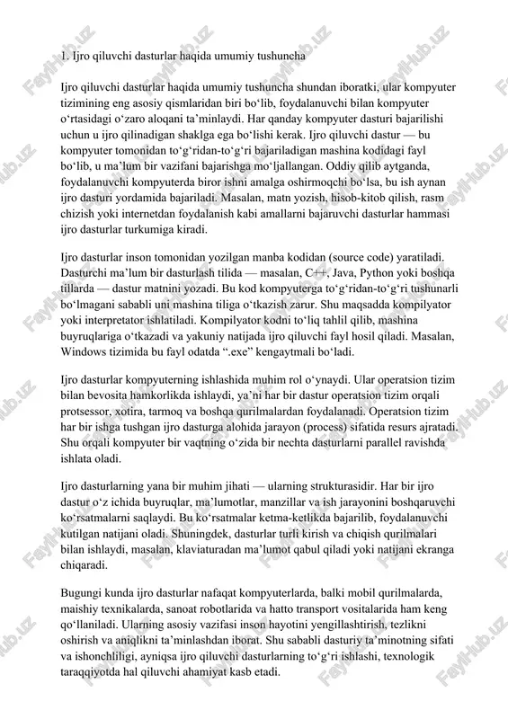 ompyuter bir vaqtning o‘zida bir nechta dasturlarni parallel ravishda ishlata oladi. ijro dasturlarning yana bir muhim jihati — ularning strukturasidir. har bir ijro dastur o‘z ichida buyruqlar, ma’lumotlar, manzillar va ish jarayonini boshqaruvchi ko‘rsatmalarni saqlaydi. bu ko‘rsatmalar ketma-ketlikda bajarilib, foydalanuvchi kutilgan natijani oladi. shuningdek, dasturlar turli kirish va chiqish qurilmalari bilan ishlaydi, masalan, klaviaturadan ma’lumot qabul qiladi yoki natijani ekranga chiqaradi. bugungi kunda ijro dasturlar nafaqat kompyuterlarda, balki mobil qurilmalarda, maishiy texnikalarda, sanoat robotlarida va hatto transport vositalarida ham keng qo‘llaniladi. ularning asosiy vazifasi inson hayotini yengillashtirish, tezlikni oshirish va aniqlikni ta’minlashdan iborat. shu sababli dasturiy ta’minotning sifati va ishonchliligi, ayniqsa ijro qiluvchi dasturlarning to‘g‘ri ishlashi, texnologik taraqqiyotda hal qiluvchi ahamiyat kasb etadi. bu har qanday axborot tizimining yuragi hisoblanadi. ular foydalanuvchi kiritgan buyruqlarni mashina bajaradigan holatga keltiradi va kompyuterning real ishlashini ta’minlaydi. ijro dasturlarsiz hech bir operatsion tizim, mobil ilova yoki veb-xizmat to‘liq faoliyat yurita olmaydi. shu bois ijro …