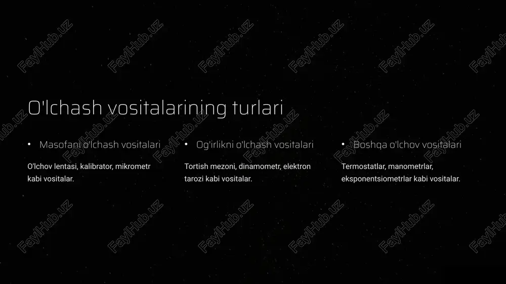 satkichlar ishlash prinsipi 1)elektromexanik 3)issiqlik 2)elektron 4)raqamli vazifasi 1)elektr kattaliklar 3)issiqlik kattaliklar 2)magnit kattaliklar 4)noelektrik kattaliklar tashqi muhitdan himoyasi 1)gaz, namlik va changdan himoyalangan 2)germetik 3)portlashdan himoyalangan 7 xulosa va tavsiyalar 1 sifatli o'lchash - sifatli mahsulot o'lchash vositalaridan to'g'ri foydalanib, sifatli mahsulot ishlab chiqarish mumkin. 2 sifat va aniqlik muhim o'lchash vositalarining sifati va aniqligiga alohida e'tibor qaratish kerak. 3 doimiy yaxshilanish o'lchash vositalarini doimiy ravishda yangilash va takomillashtirib borish zarur. 8 image1.png image2.png audio1.wav image3.png image4.png image12.png image5.png image6.png image7.png image8.png image9.png image10.png image11.png image13.png image14.png image15.png image16.png image17.png image18.png image19.png image27.png image28.jpeg image20.png image21.png image22.png image23.png image24.png image25.png image26.png image29.png