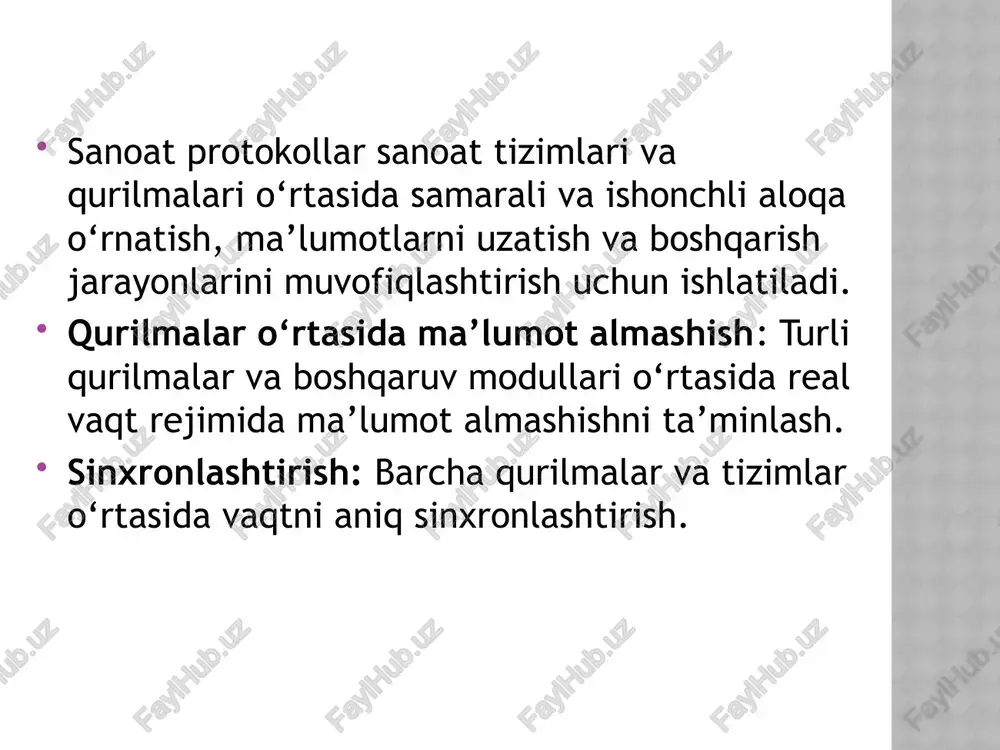 http protokoli eng keng tarqalgan (ingliz hypertext transfer protocol - "gipermatn uzatish protokoli"). http "mijoz-server" texnologiyasiga asoslanadi, ya’ni ulanishni boshlaydigan va so‘rov yuboradigan iste’molchi (mijoz) va so‘rovni qabul qilish uchun ulanishni kutadigan, kerakli harakatlarni amalga oshiradigan va natija bilan xabarni qaytarib yuboradigan yetkazib beruvchi (server) mavjud. http mijozining asosiy turi mozilla firefox, opera yoki microsoft internet explorer kabi brauzer hisoblanadi. http hozirda veb-saytlardan ma’lumot olish uchun butunjahon o‘rgimchak tarmog‘ida keng qo‘llaniladi. 9 profibus (process field bus) – bu sanoat avtomatlashtirish tizimlarida ishlatiladigan standartlashtirilgan kommunikatsiya protokoli. u 1989-yilda germaniyada ishlab chiqilgan bo‘lib, faqatgina sanoat muhitidagi qurilmalar va boshqaruv tizimlari o‘rtasida ma’lumot almashish uchun mo‘ljallangan. profibus protokoli yuqori tezlik, ishonchlilik va real vaqt rejimida ishlash imkoniyati bilan ajralib turadi. profibus protokolining asosiy xususiyatlari: aloqa arxitekturasi: mastar-slave yoki peer-to-peer ishlash rejimlari qo‘llaniladi.bir nechta qurilmalarni (datchiklar, plc) bir tarmoqda ulash imkoniyatini beradi. ma’lumot uzatish tezligi: 9.6 kbit/soniyadan 12 mbit/soniyagacha. uzatish tezligi va masofaga bog‘liq. …